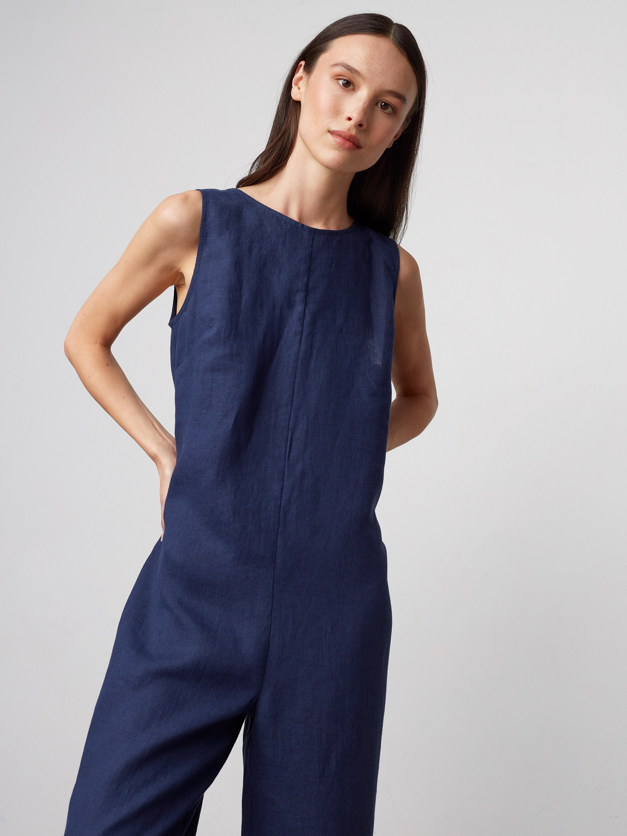 Image 5 of MARIGOLD Sleeveless Linen Jumpsuit in Navy Blue from Love and Confuse