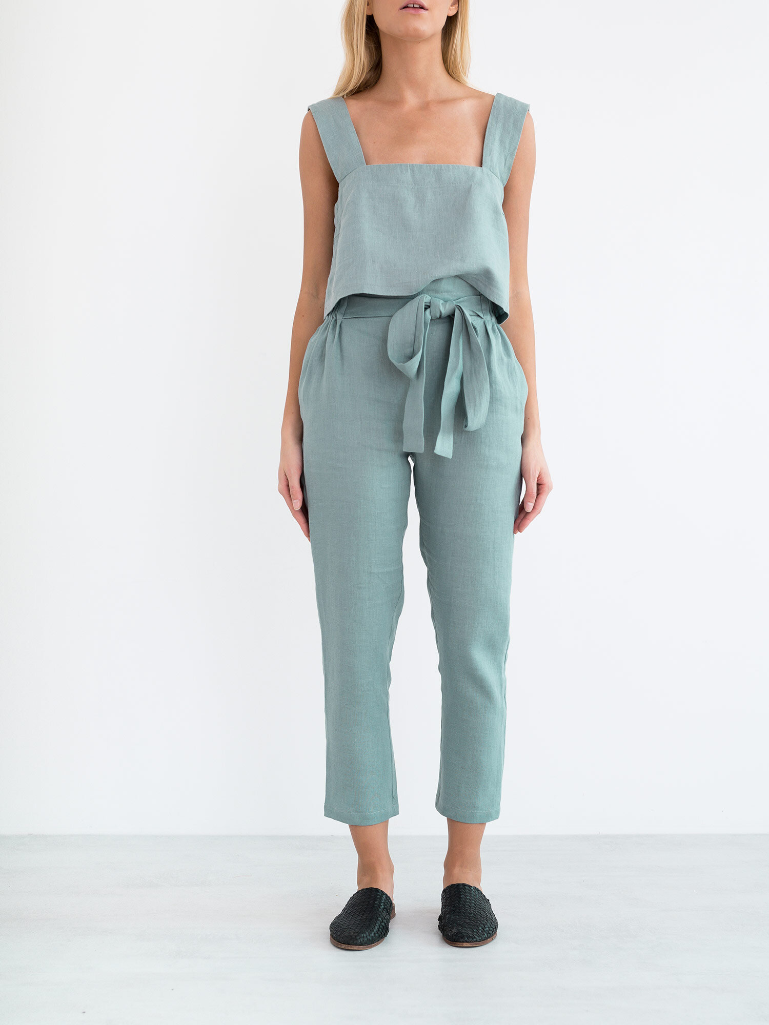 Image 4 of NOAH Paper Bag Linen Pants in Dark Turquoise from Love and Confuse