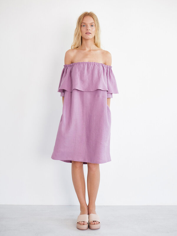 THALIA Schulterfreies Leinenkleid