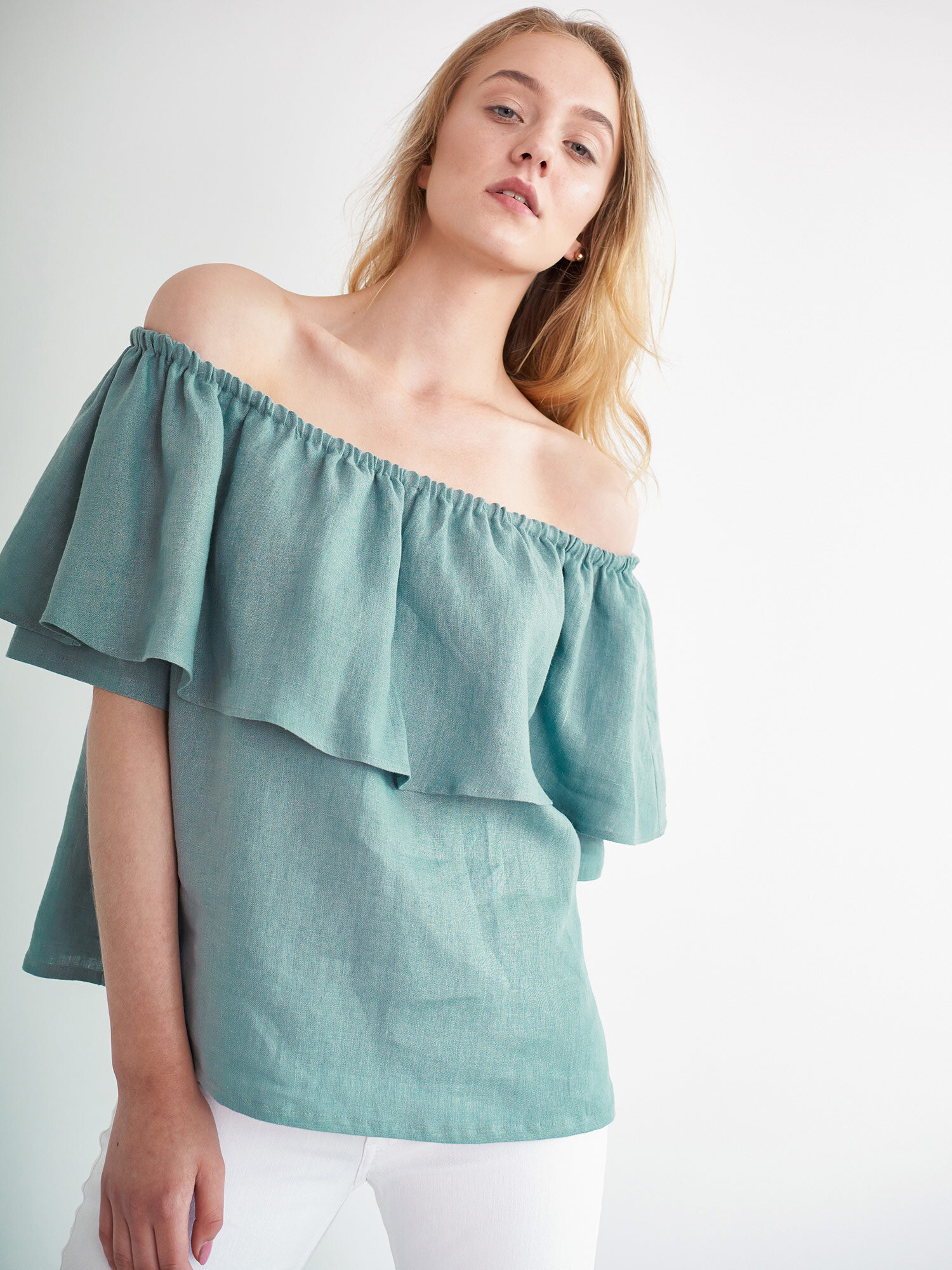 Image 3 of THALIA Off Shoulder Linen Top in Dark Turquoise from Love and Confuse