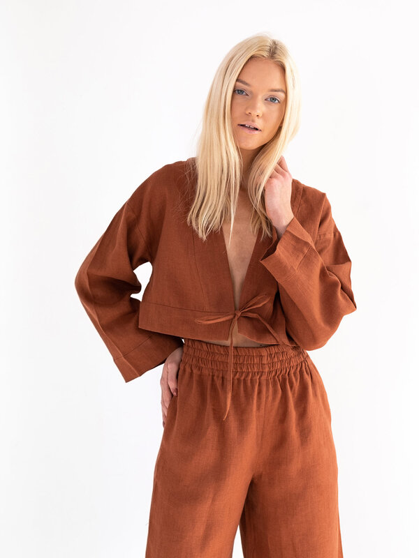 VICTORIA Tie-Front Linen Kimono Top