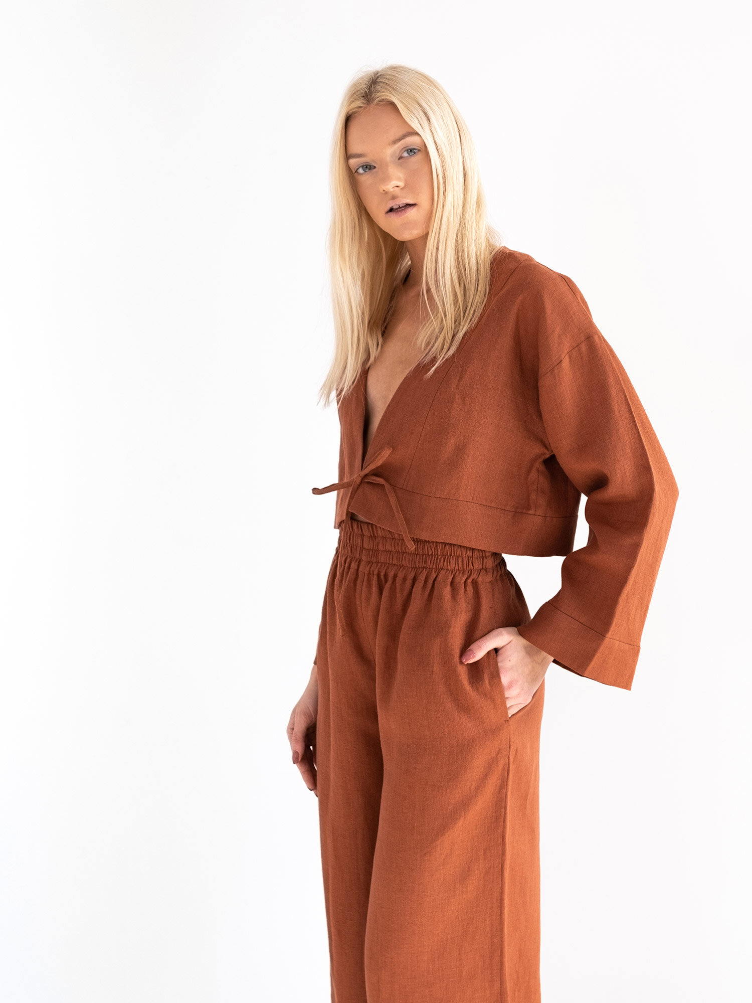 Image 3 of VICTORIA Linen Tie Front Top in Rust from Love and Confuse