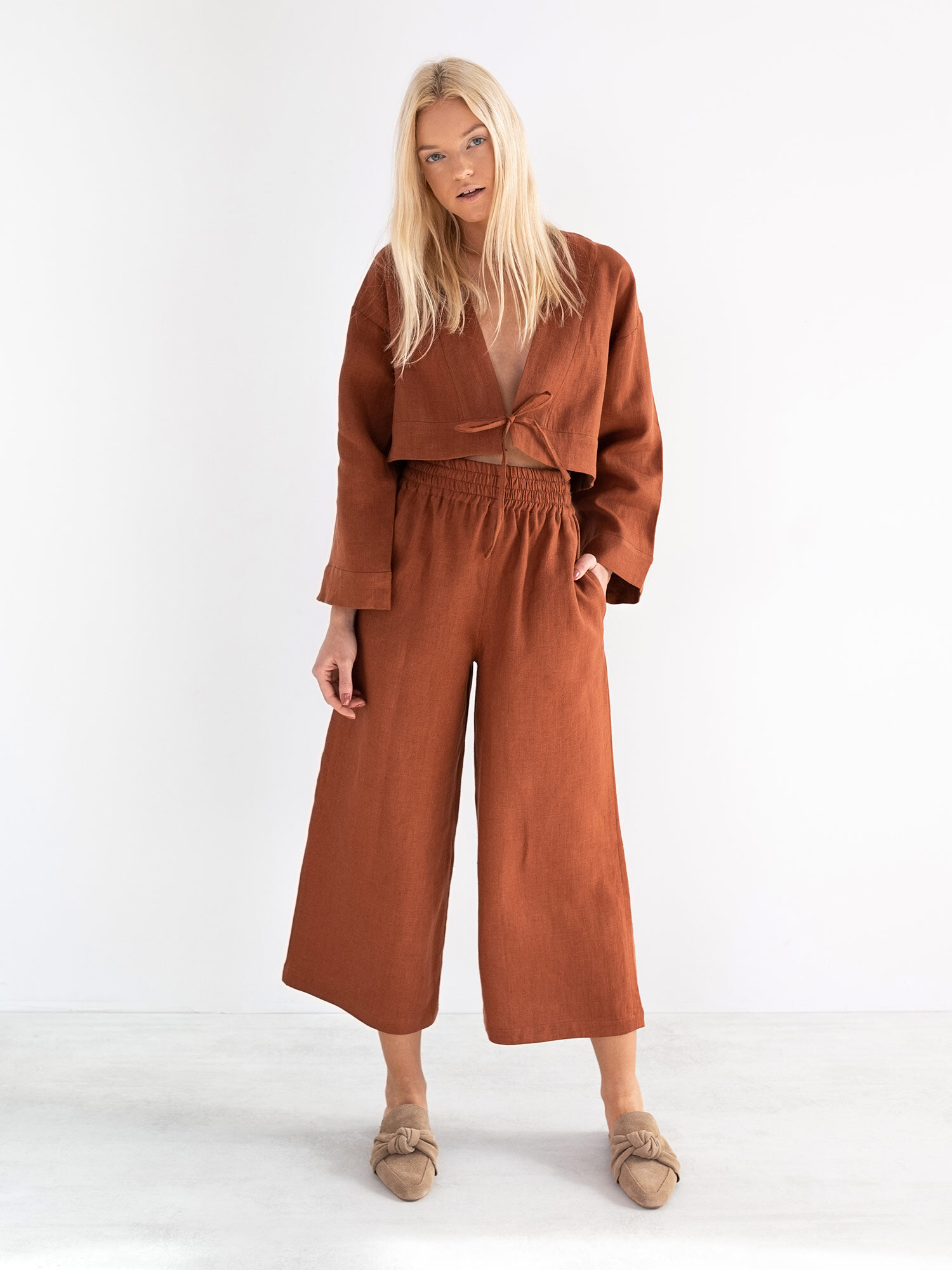 Image 4 of VICTORIA Linen Tie Front Top in Rust from Love and Confuse