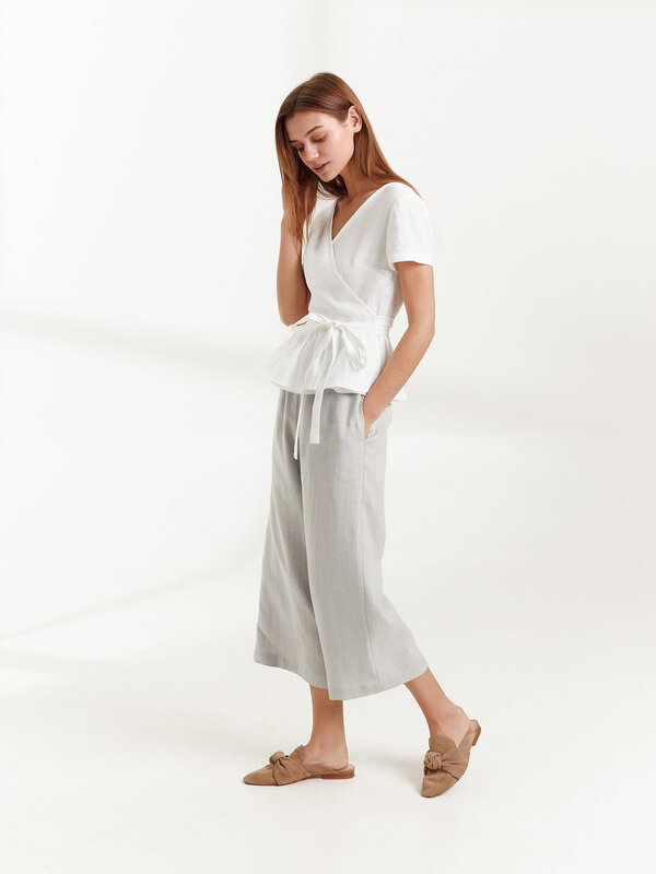VIOLETA Wrap Peplum Linen Top