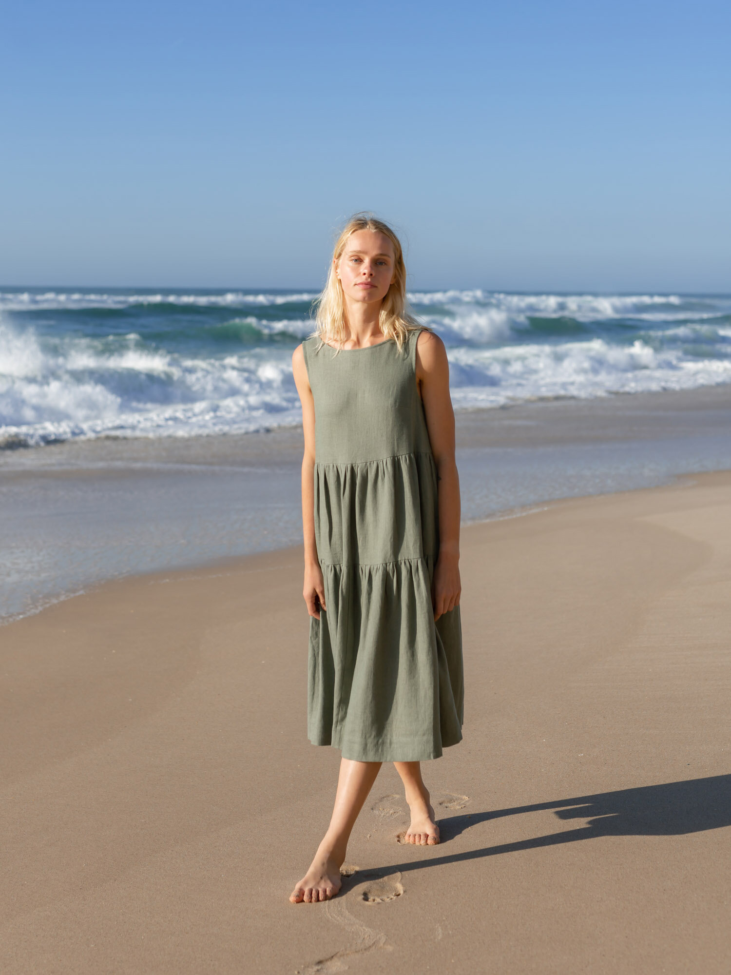 Image 2 of AGOTA Sleeveless Linen Midi Dress in Sage Green from Love and Confuse
