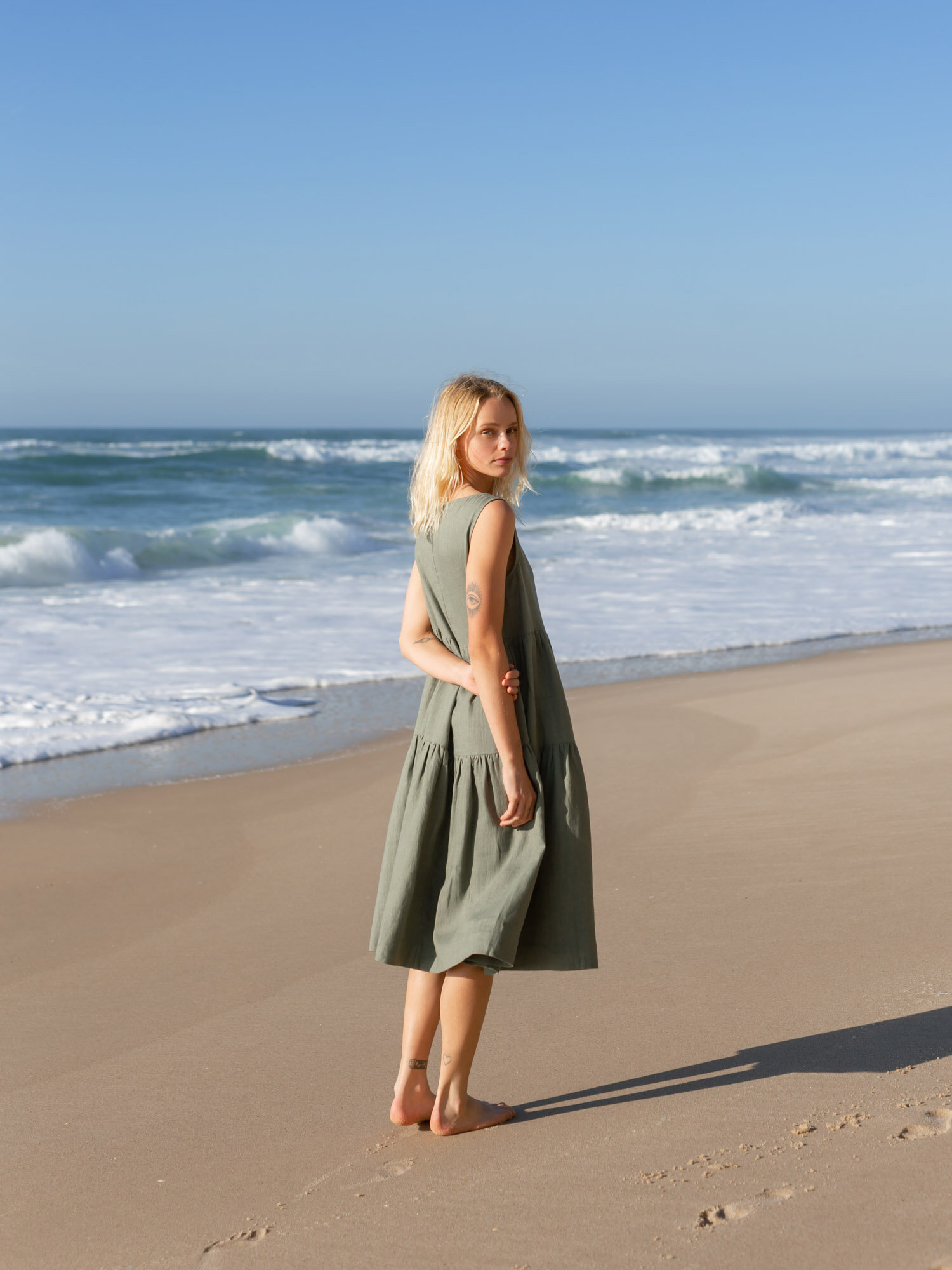 Image 3 of AGOTA Sleeveless Linen Midi Dress in Sage Green from Love and Confuse