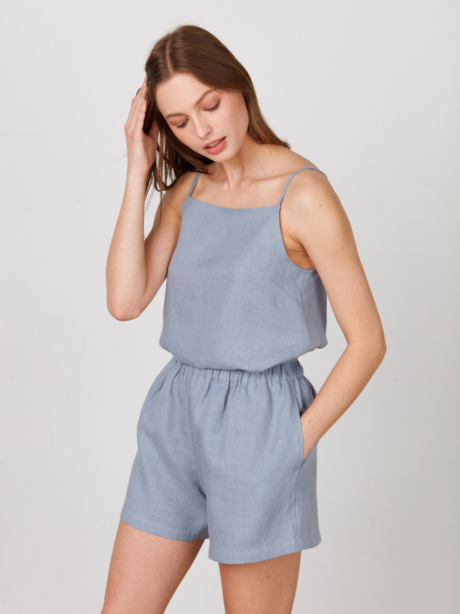 Image 1 of AMBER Linen Strap Top in Vista Blue from Love and Confuse