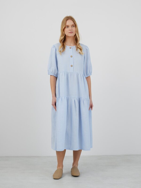 ARI Puff Sleeve Tiered Linen Midi Dress