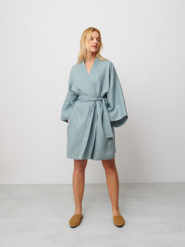Image 2 of ATHENA Kimono Inspired Linen Wrap Dress in Dark Turquoise from Love and Confuse
