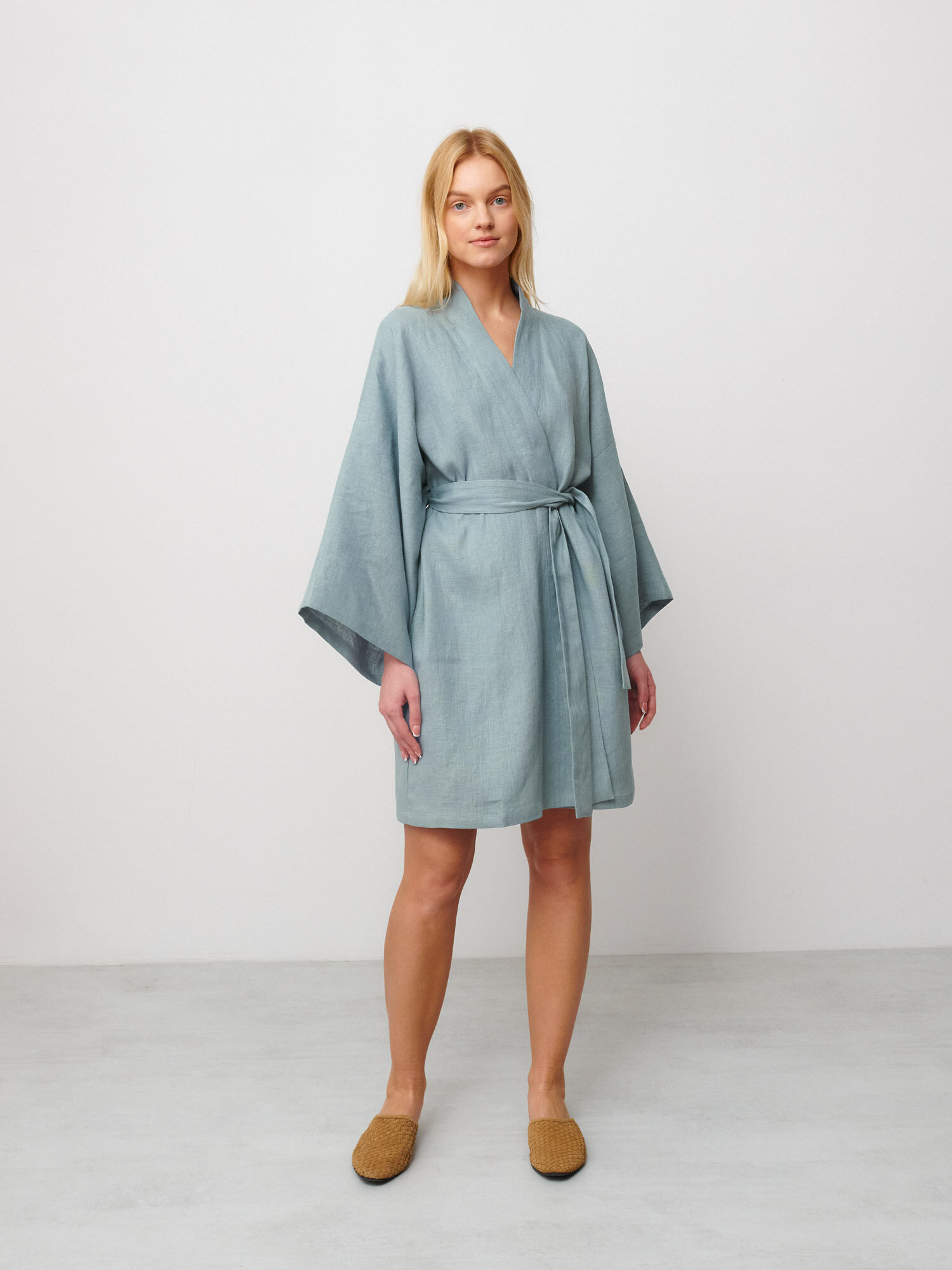 Image 3 of ATHENA Kimono Inspired Linen Wrap Dress in Dark Turquoise from Love and Confuse