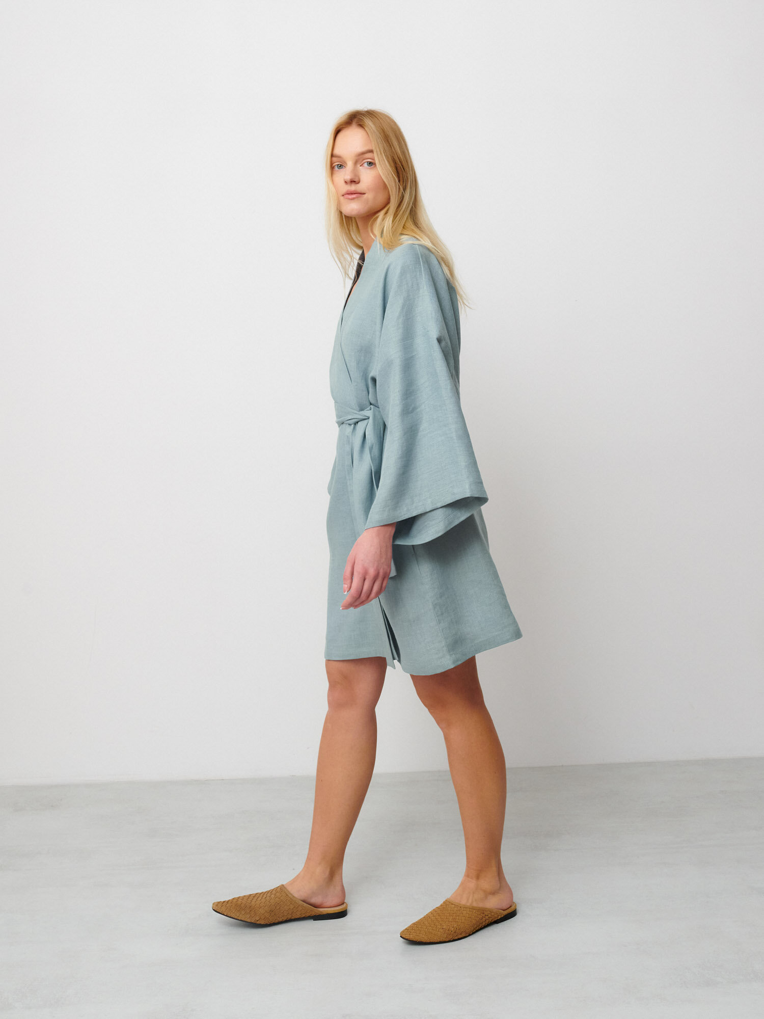 Image 4 of ATHENA Kimono Inspired Linen Wrap Dress in Dark Turquoise from Love and Confuse