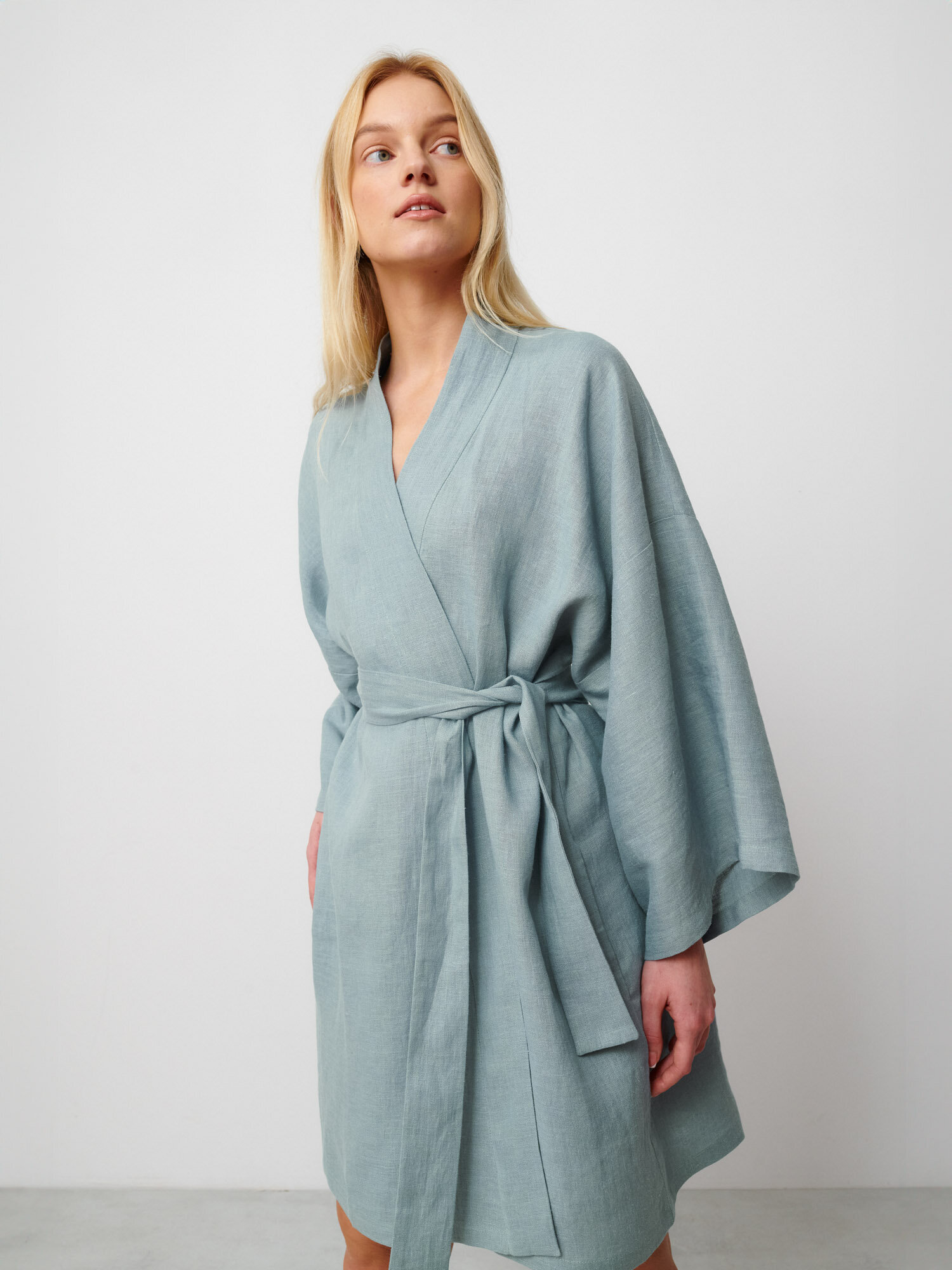 Image 5 of ATHENA Kimono Inspired Linen Wrap Dress in Dark Turquoise from Love and Confuse