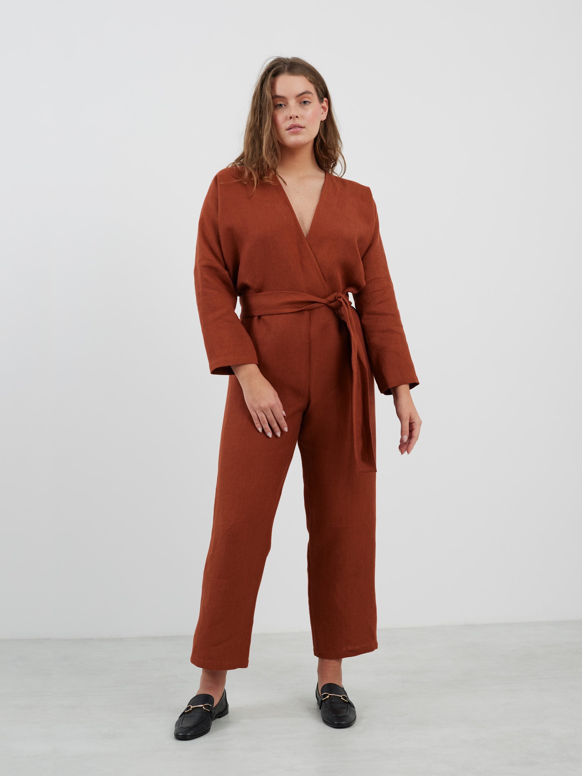 Image 2 of ATLAS Long Sleeve Linen Jumpsuit in Heavy Rust from Love and Confuse