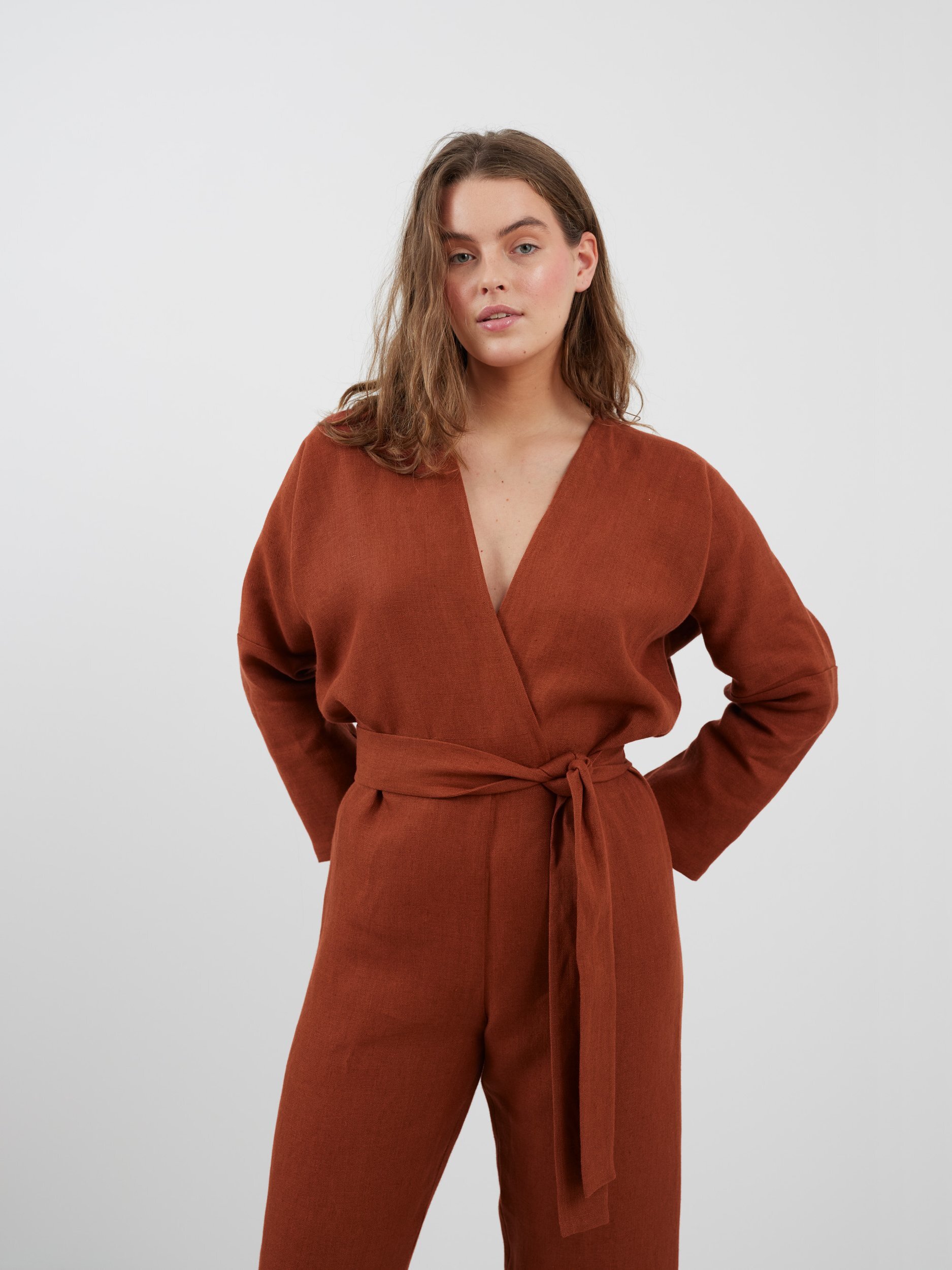 Image 3 of ATLAS Long Sleeve Linen Jumpsuit in Heavy Rust from Love and Confuse