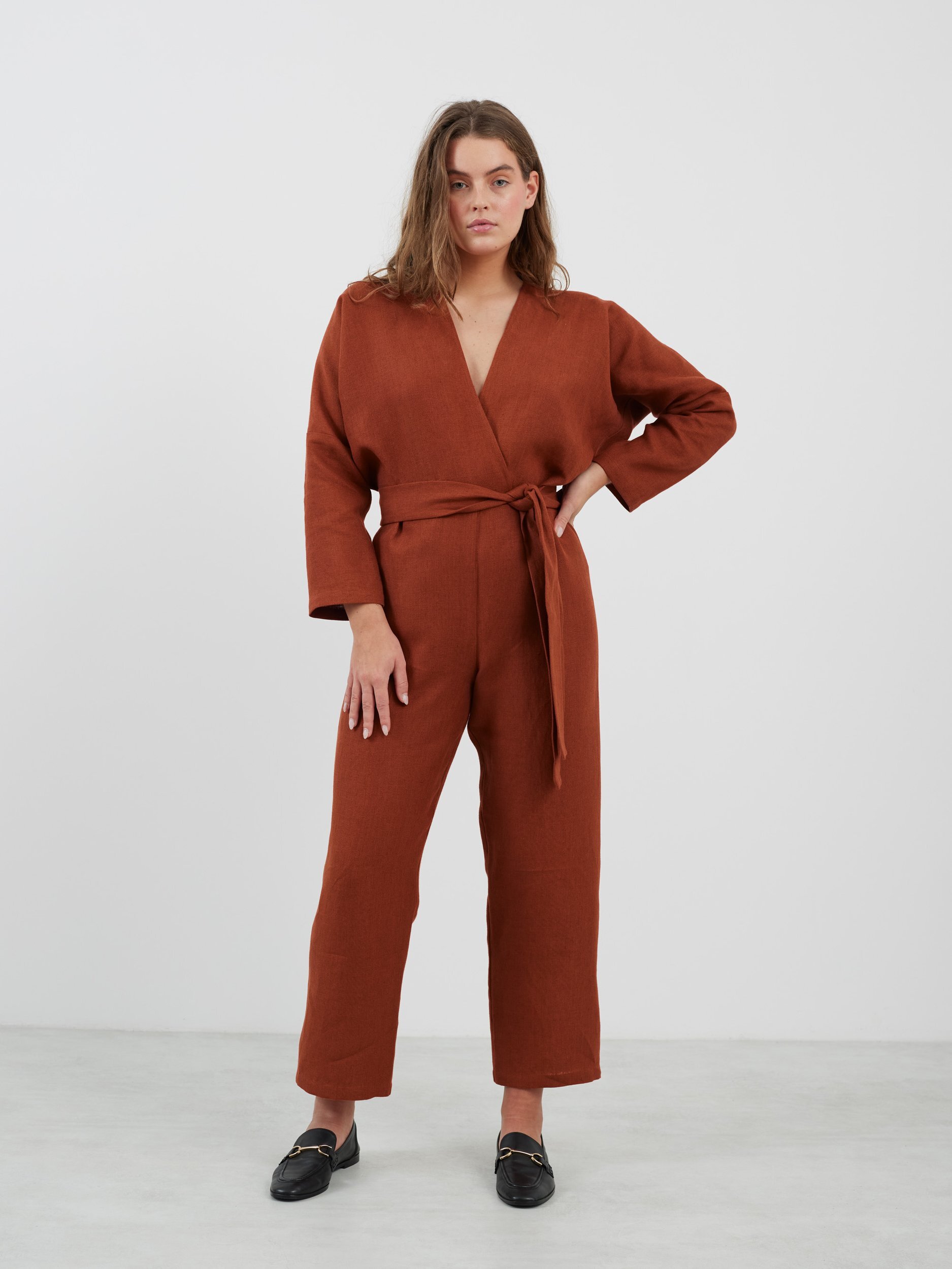 Image 4 of ATLAS Long Sleeve Linen Jumpsuit in Heavy Rust from Love and Confuse