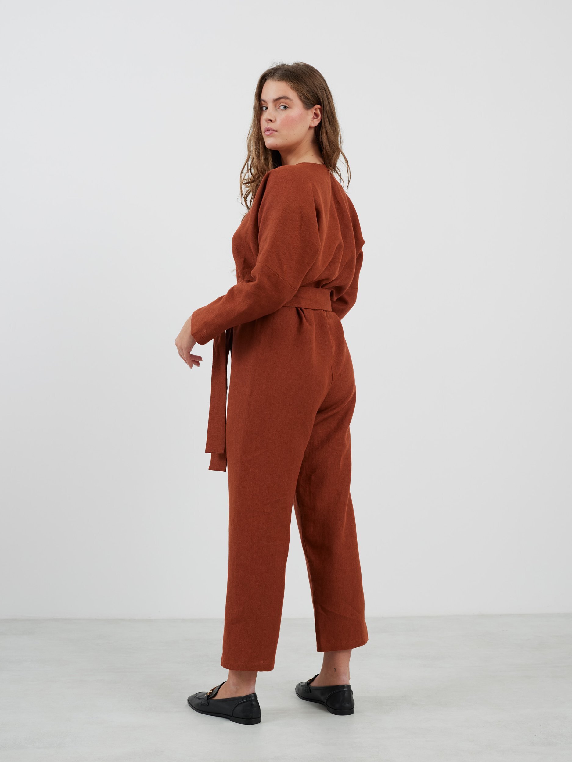 Image 5 of ATLAS Long Sleeve Linen Jumpsuit in Heavy Rust from Love and Confuse