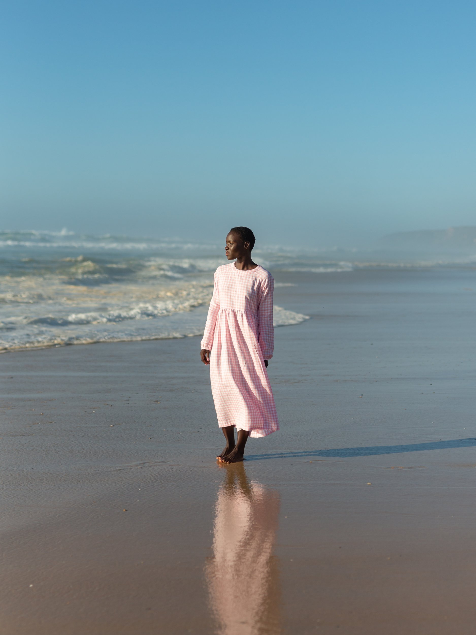 View 2 of the BAY long sleeve empire waist linen midi dress in Gingham Pink