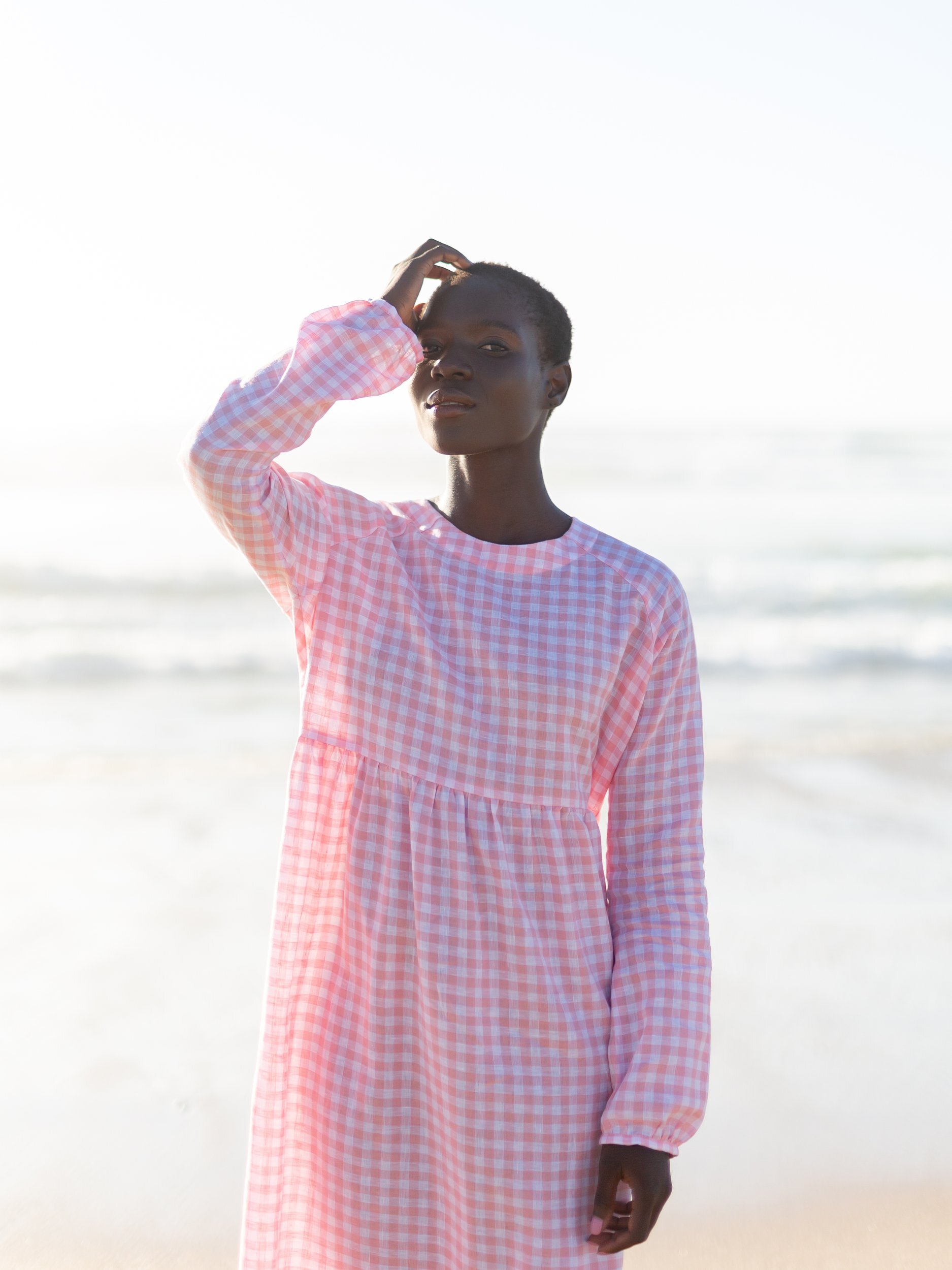 View 3 of the BAY long sleeve empire waist linen midi dress in Gingham Pink