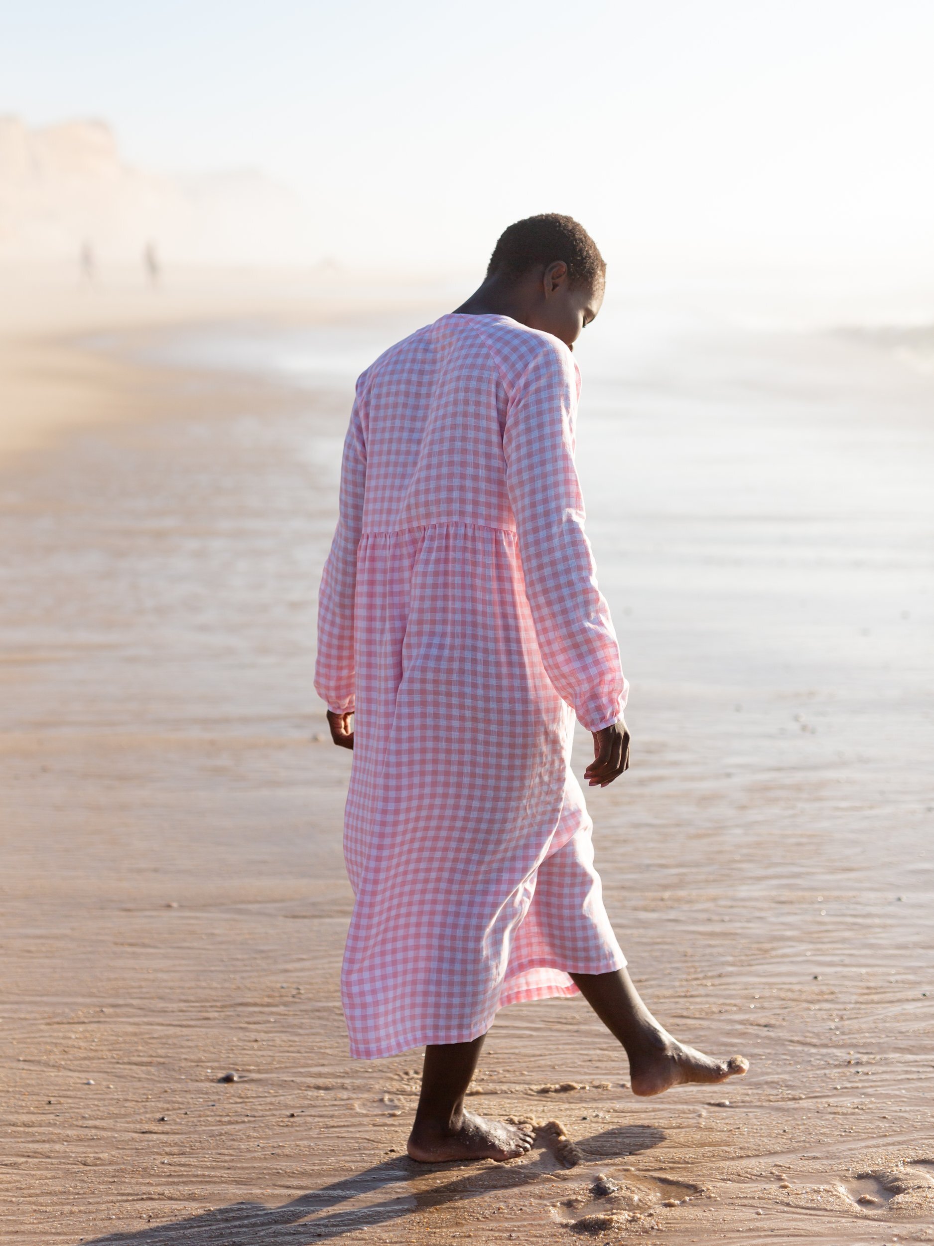 View 4 of the BAY long sleeve empire waist linen midi dress in Gingham Pink