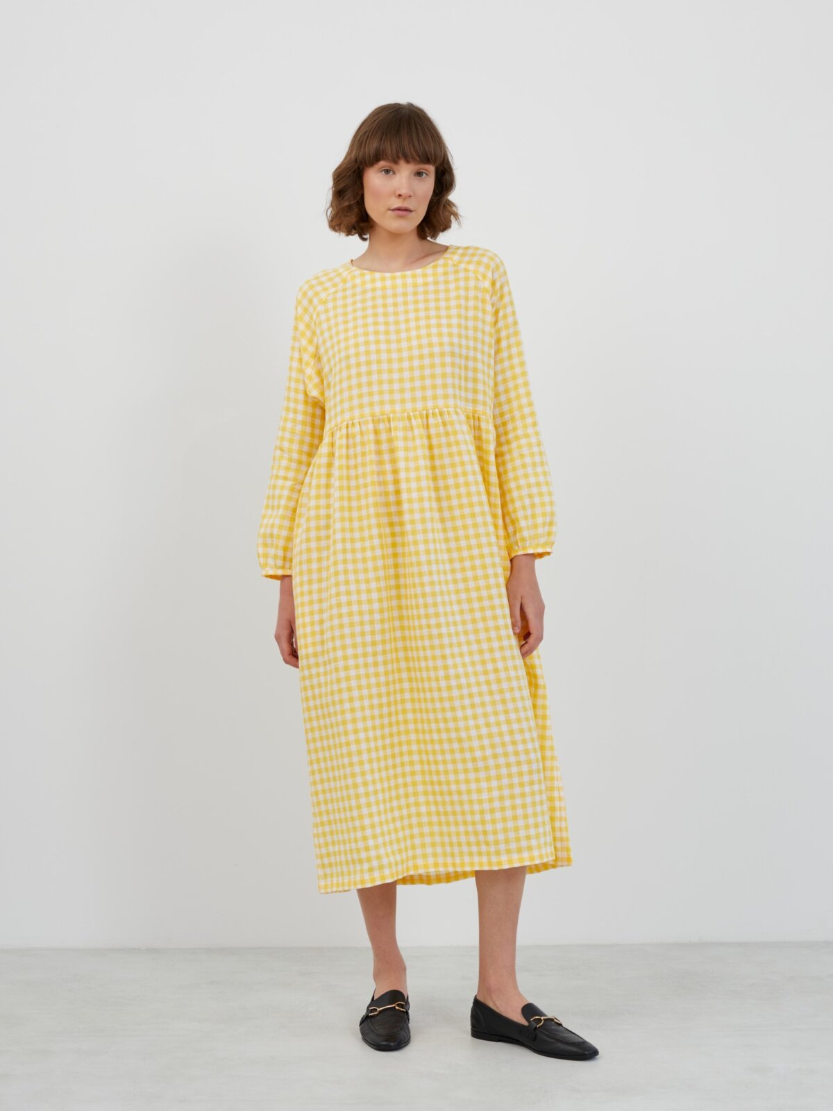 View 2 of the BAY long sleeve empire waist linen midi dress in Gingham Yellow