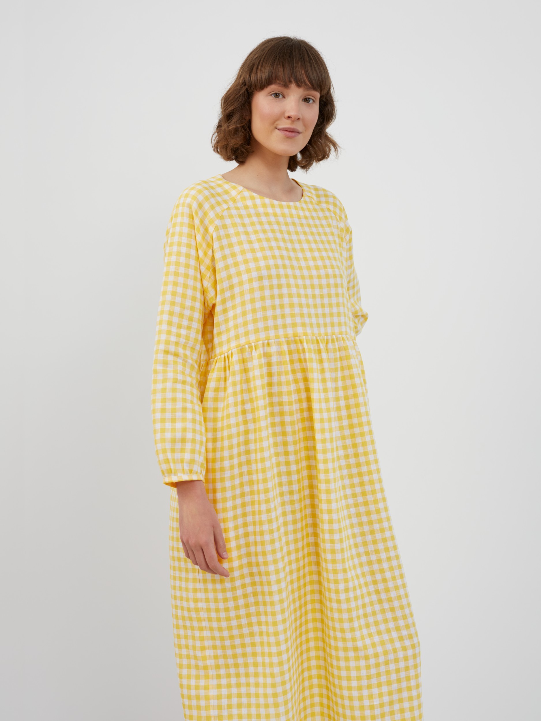 View 3 of the BAY long sleeve empire waist linen midi dress in Gingham Yellow