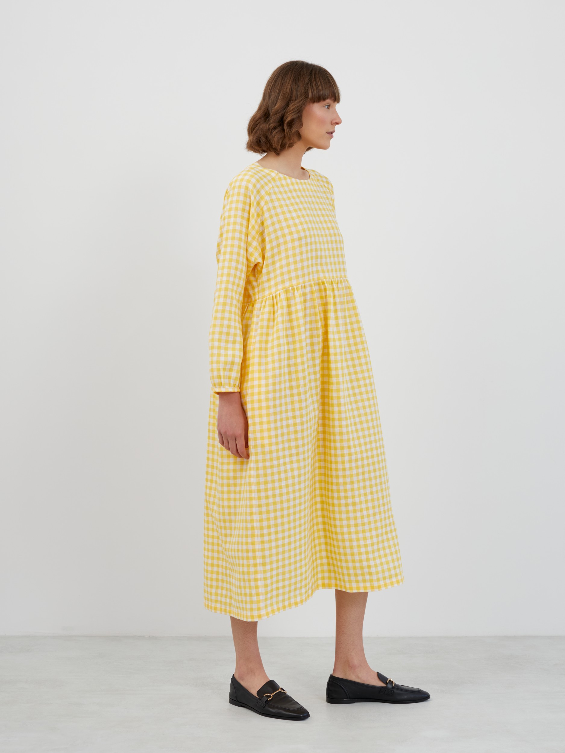 View 4 of the BAY long sleeve empire waist linen midi dress in Gingham Yellow
