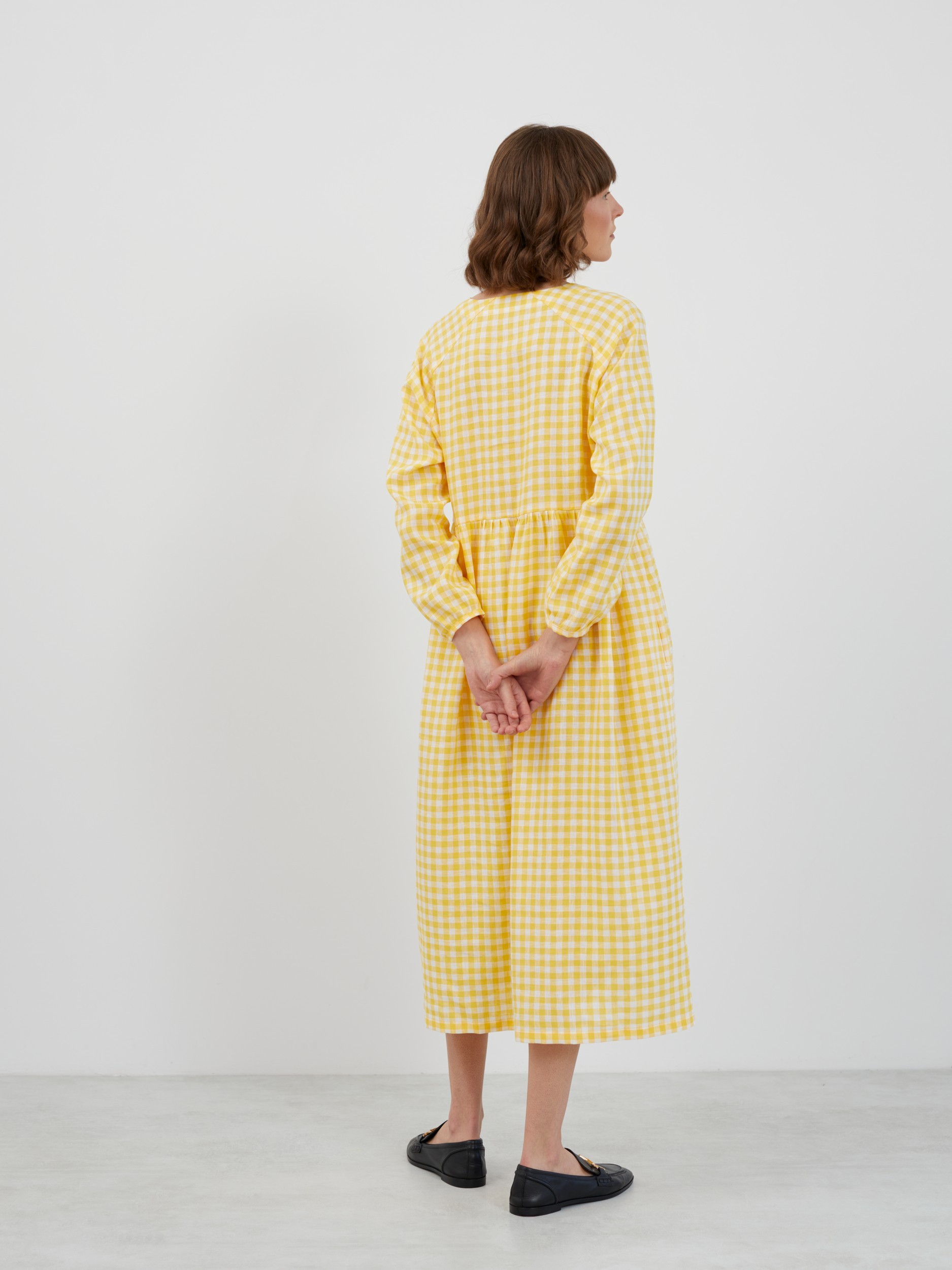View 5 of the BAY long sleeve empire waist linen midi dress in Gingham Yellow