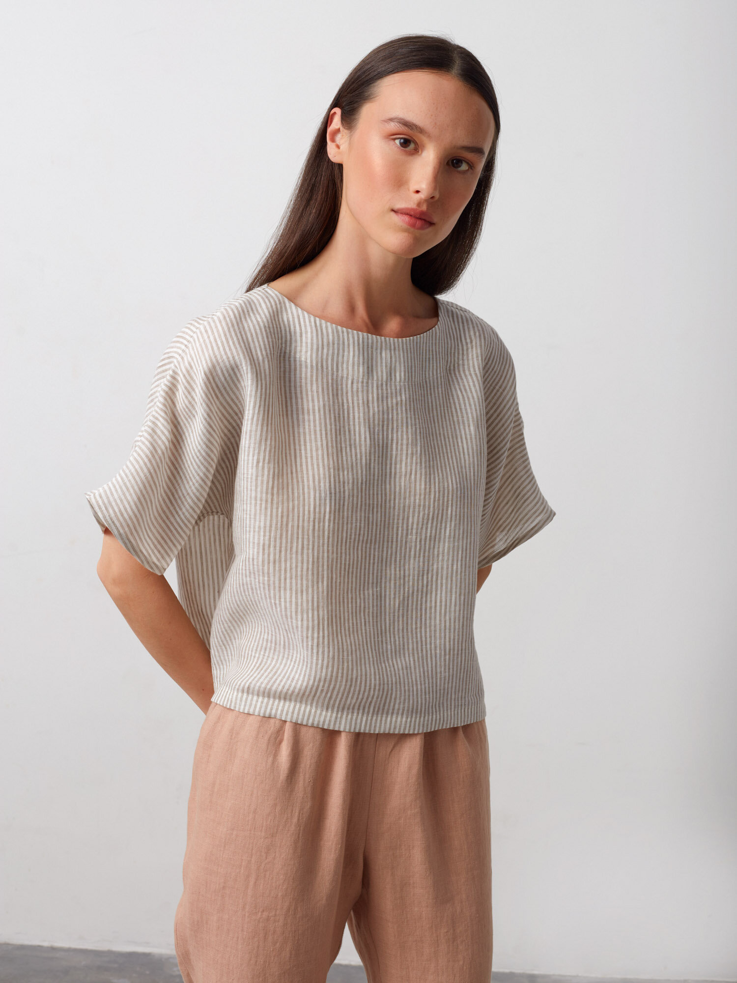Image 3 of BEE Oversized Linen Top in Beige White Stripes from Love and Confuse