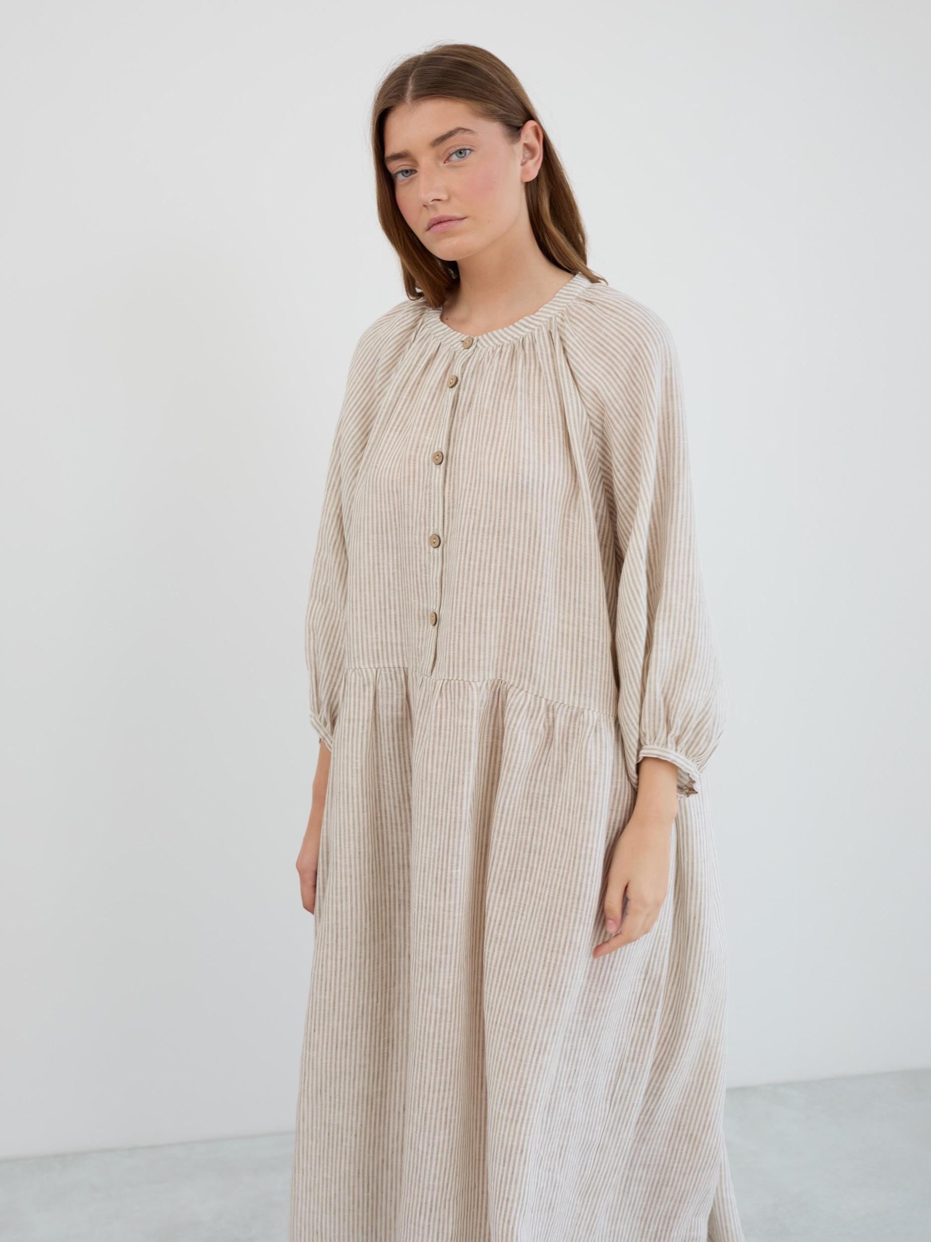 Front three-quarter view of the Etta linen maxi dress showing the dropped waist, gathered skirt, and cuffed 3/4 balloon sleeves