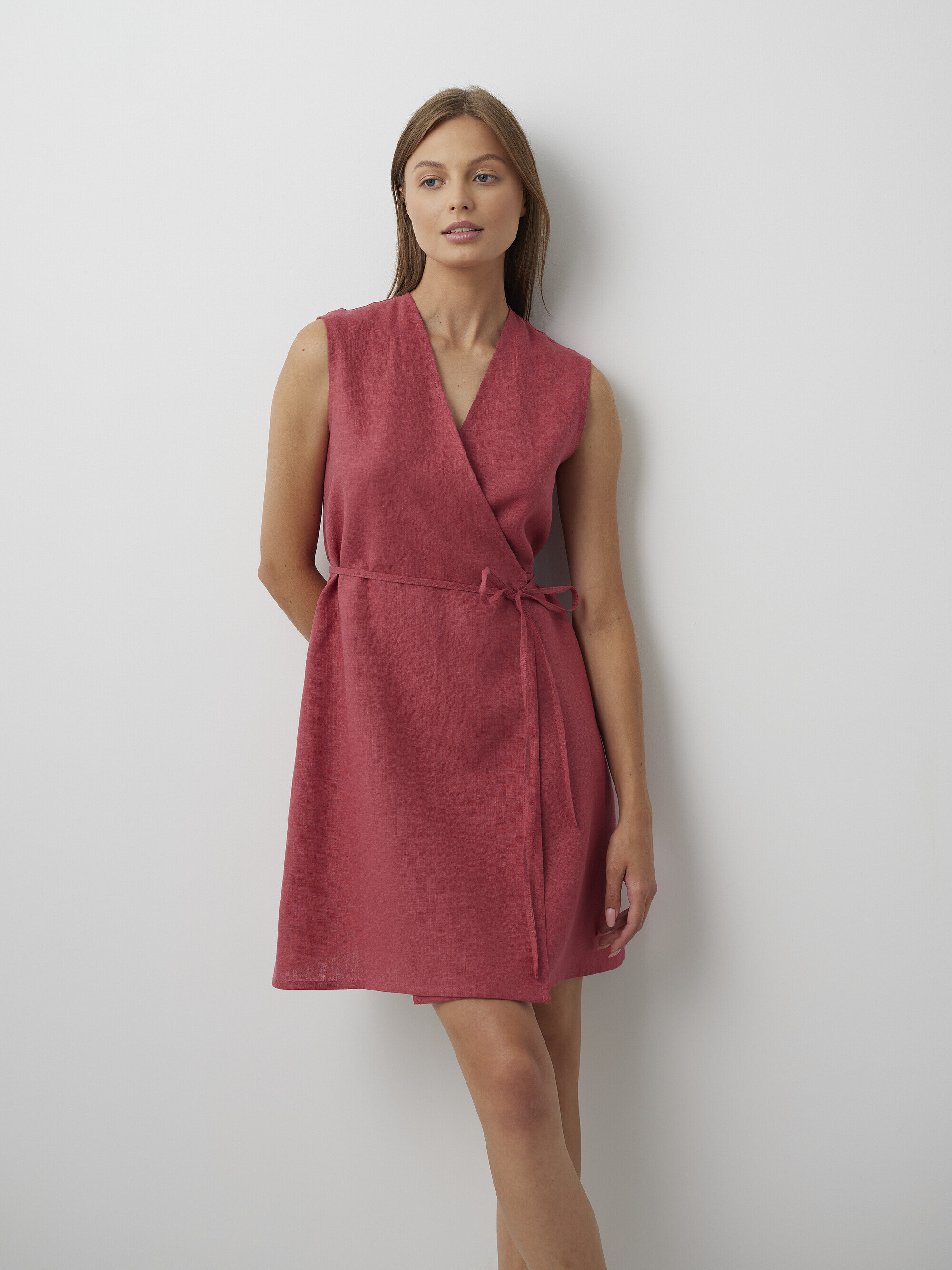 Image 1 of BROOKE Sleeveless Linen Wrap Dress in Raspberry from Love and Confuse