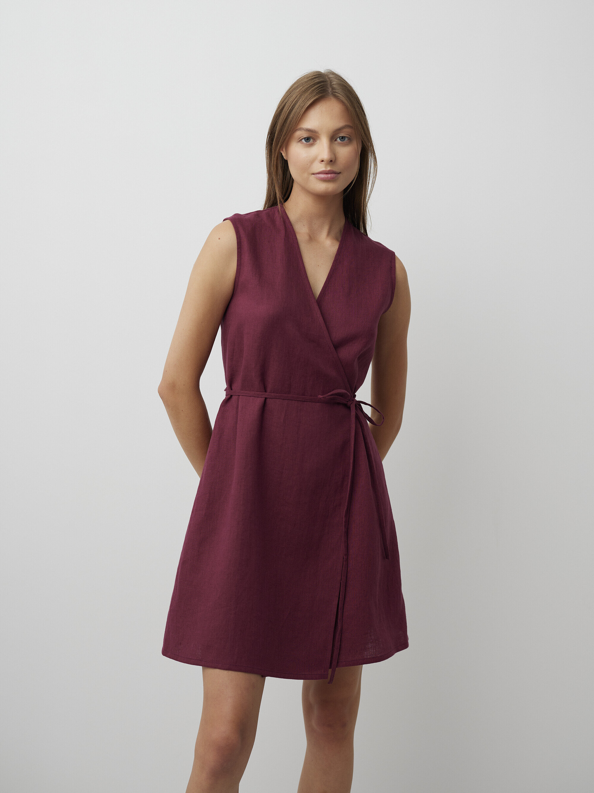 Image 1 of BROOKE Tie Waist Linen Wrap Dress in Eggplant from Love and Confuse