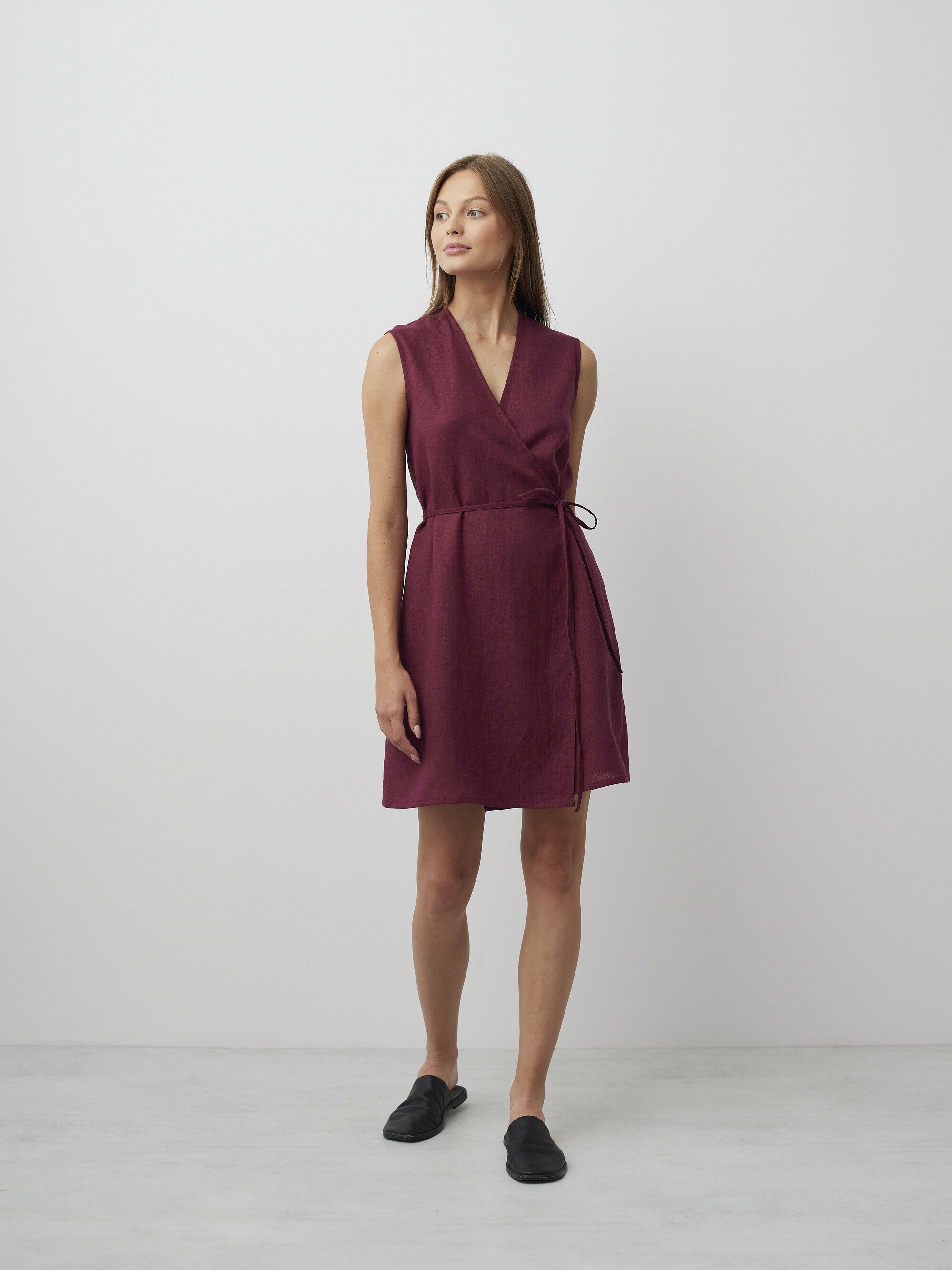Image 4 of BROOKE Tie Waist Linen Wrap Dress in Eggplant from Love and Confuse