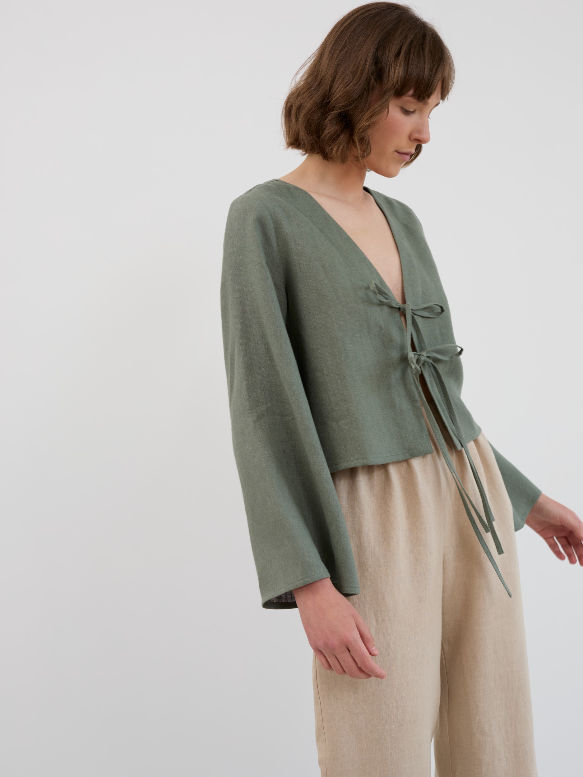 Image 1 of CASSIDY Linen Tie-Front Crop Top in Sage Green from Love and Confuse