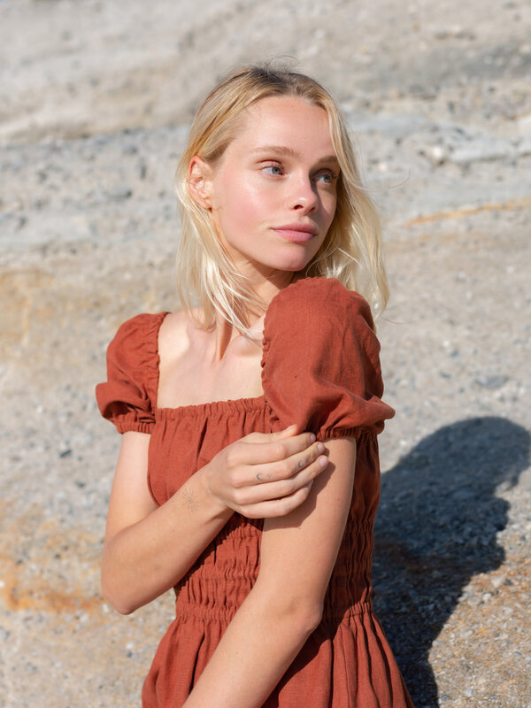 CIELLE Smocked Puff Sleeve Linen Mini Dress