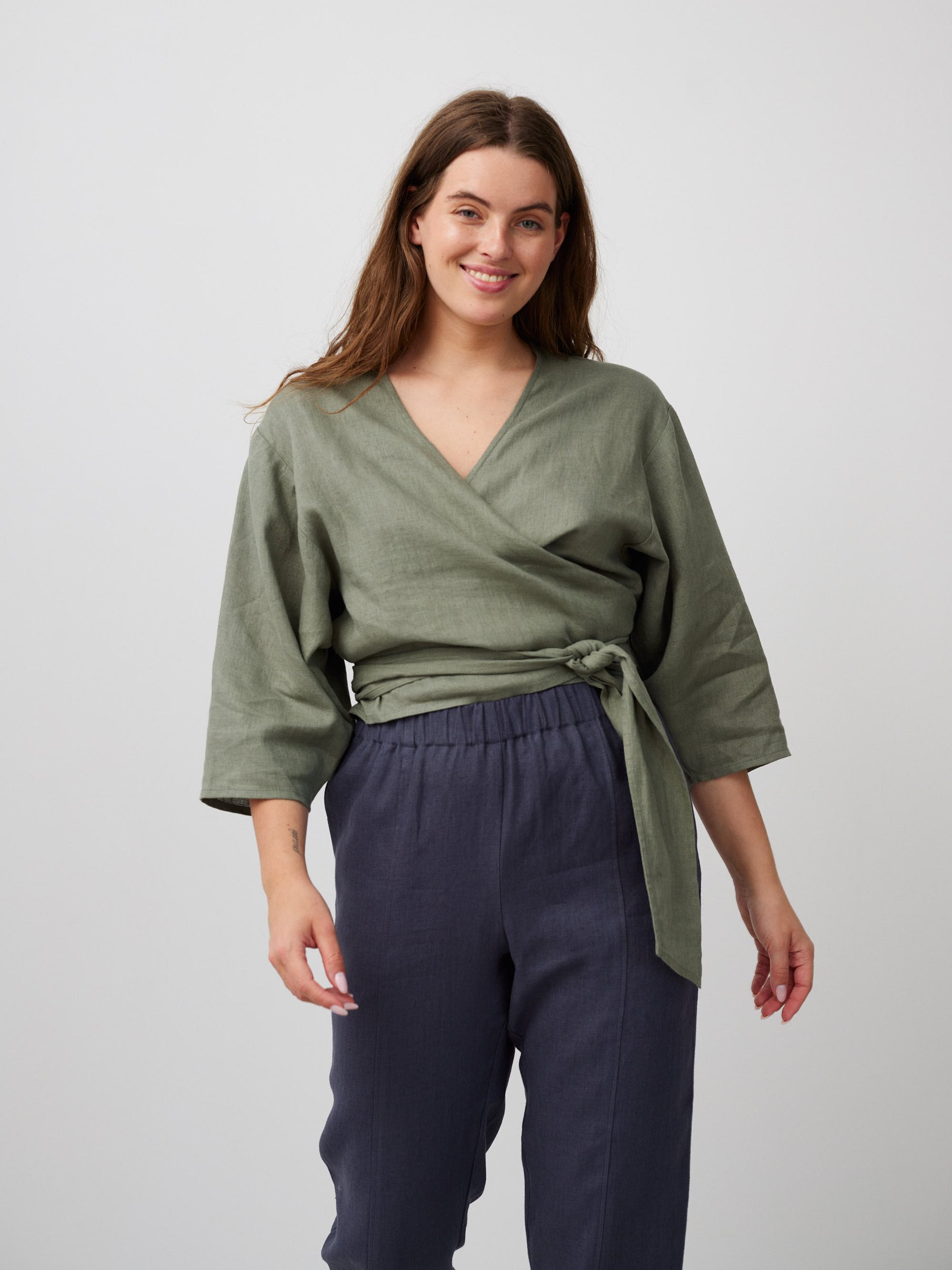 Image 3 of CLAIRE Linen Wrap Top in Sage Green from Love and Confuse