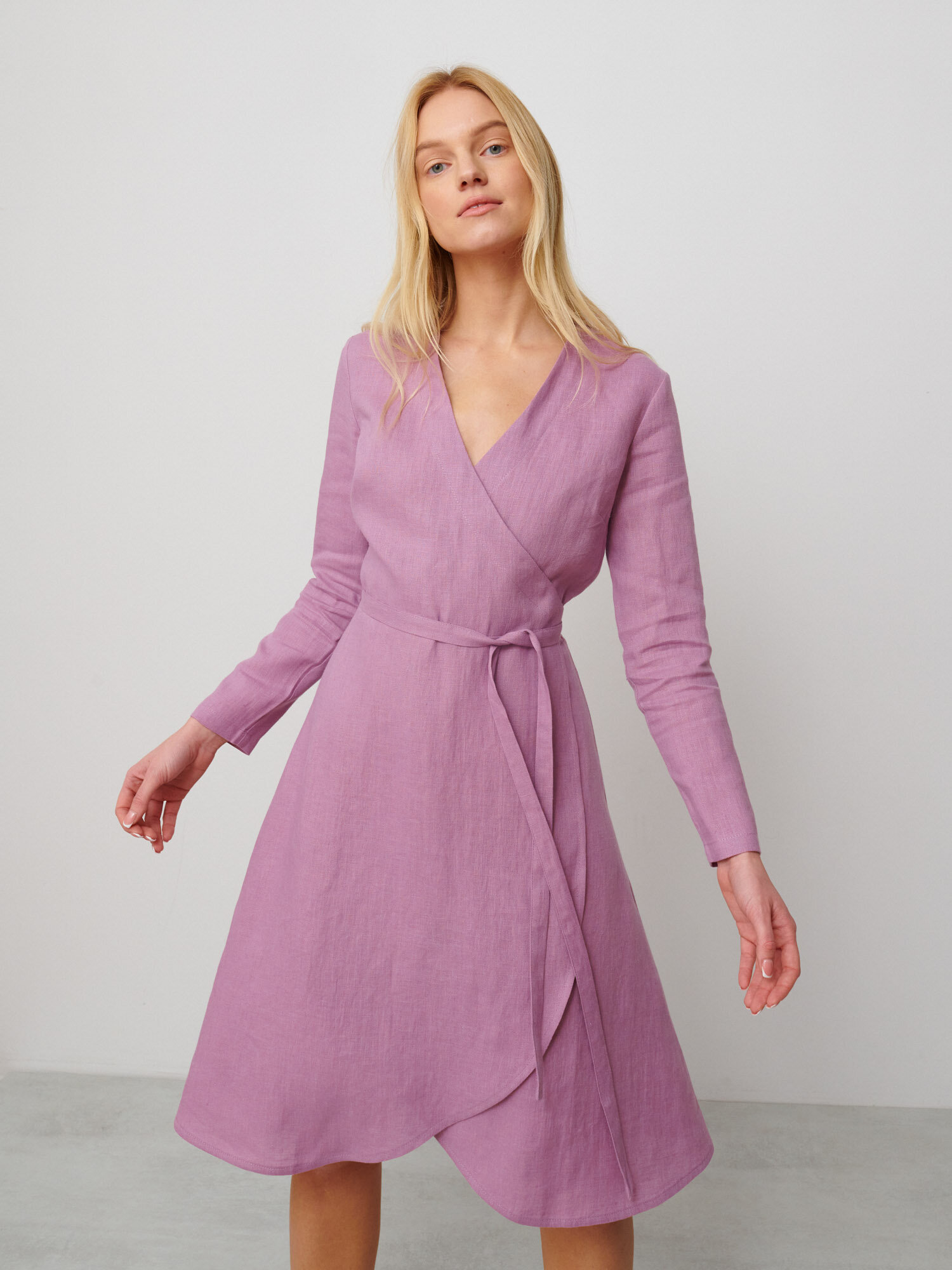Image 1 of CLAUDIA Long Sleeve Linen Wrap Dress in Radiant Orchid from Love and Confuse