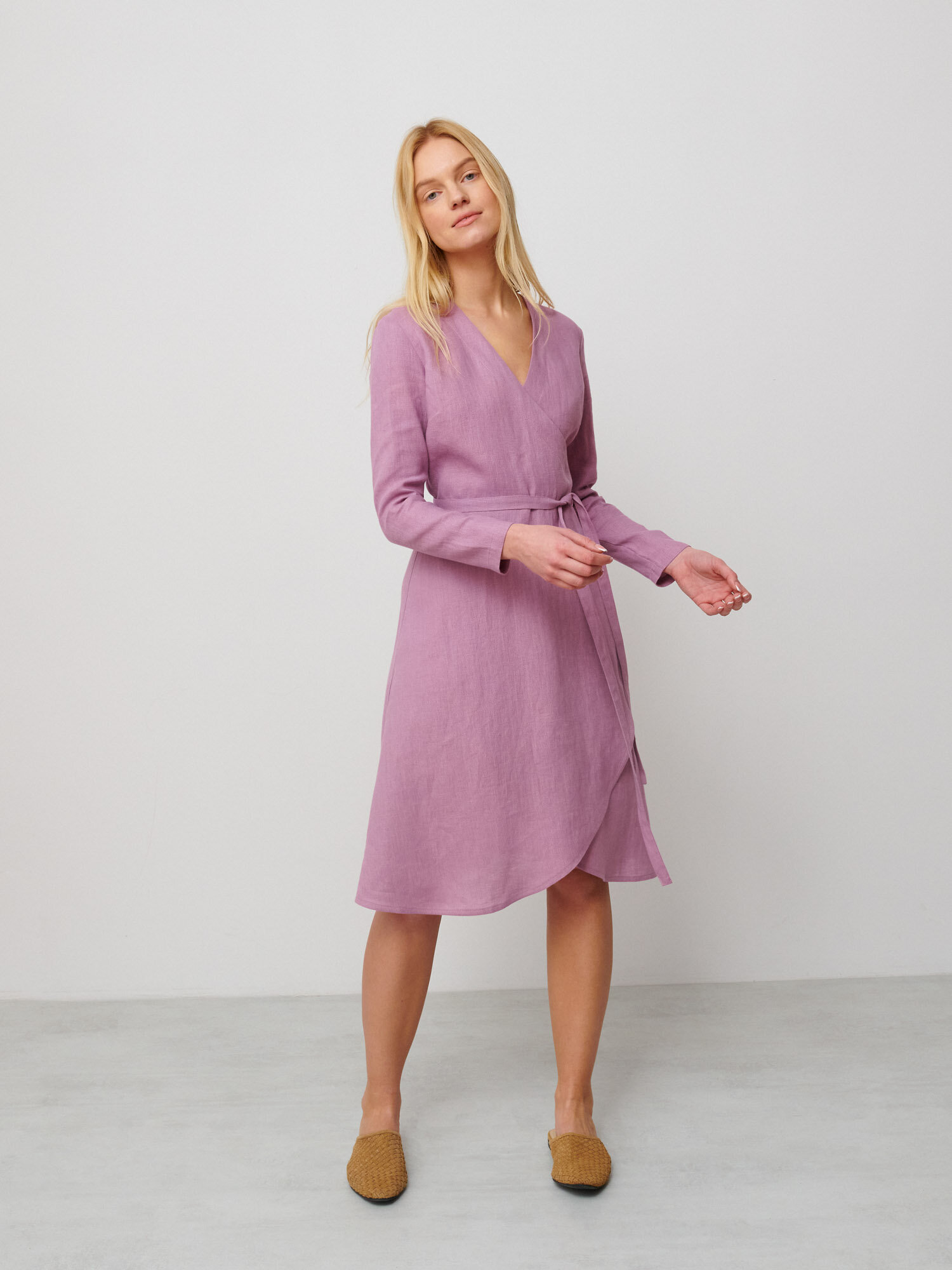 Image 2 of CLAUDIA Long Sleeve Linen Wrap Dress in Radiant Orchid from Love and Confuse