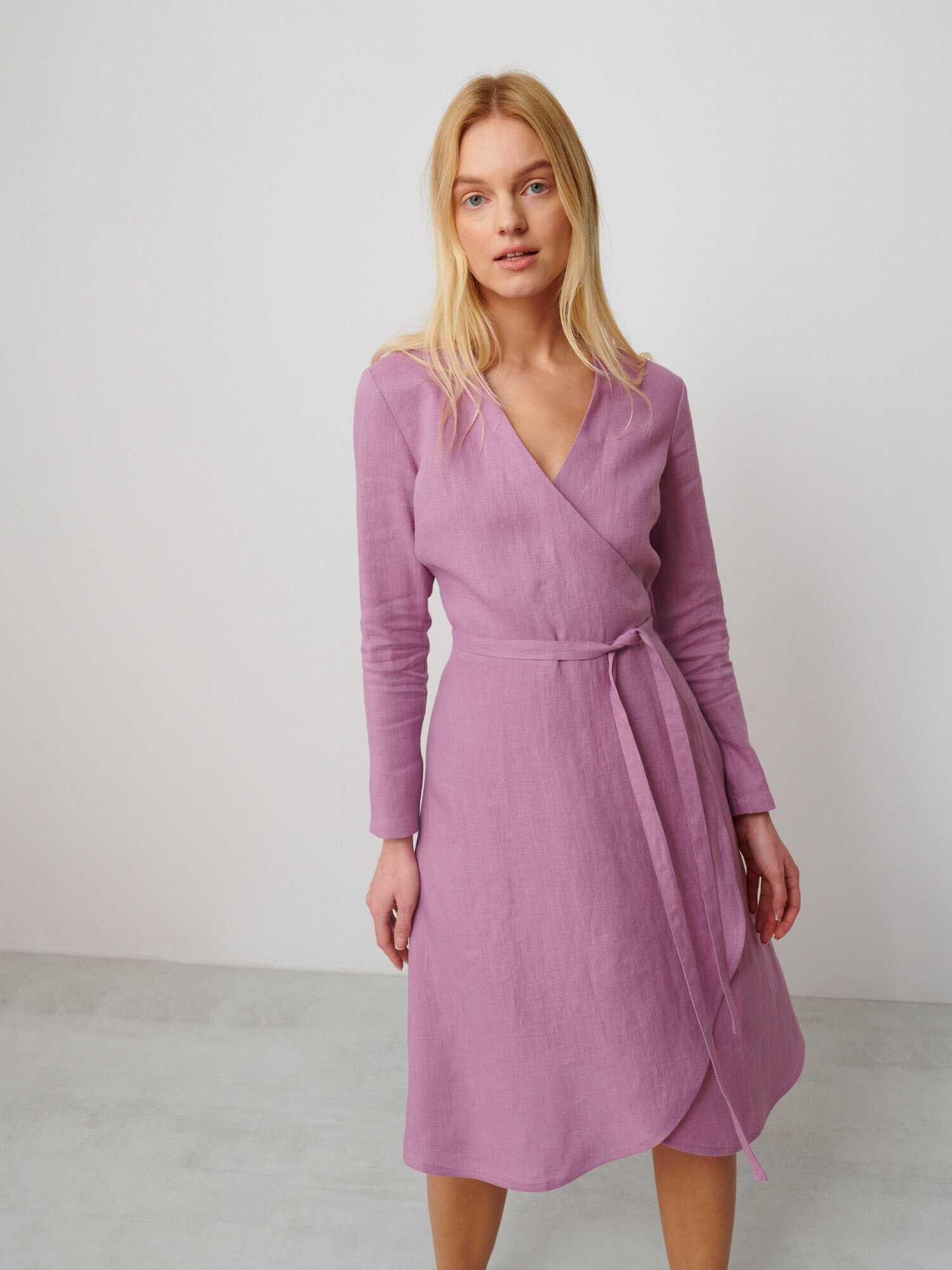 Image 3 of CLAUDIA Long Sleeve Linen Wrap Dress in Radiant Orchid from Love and Confuse