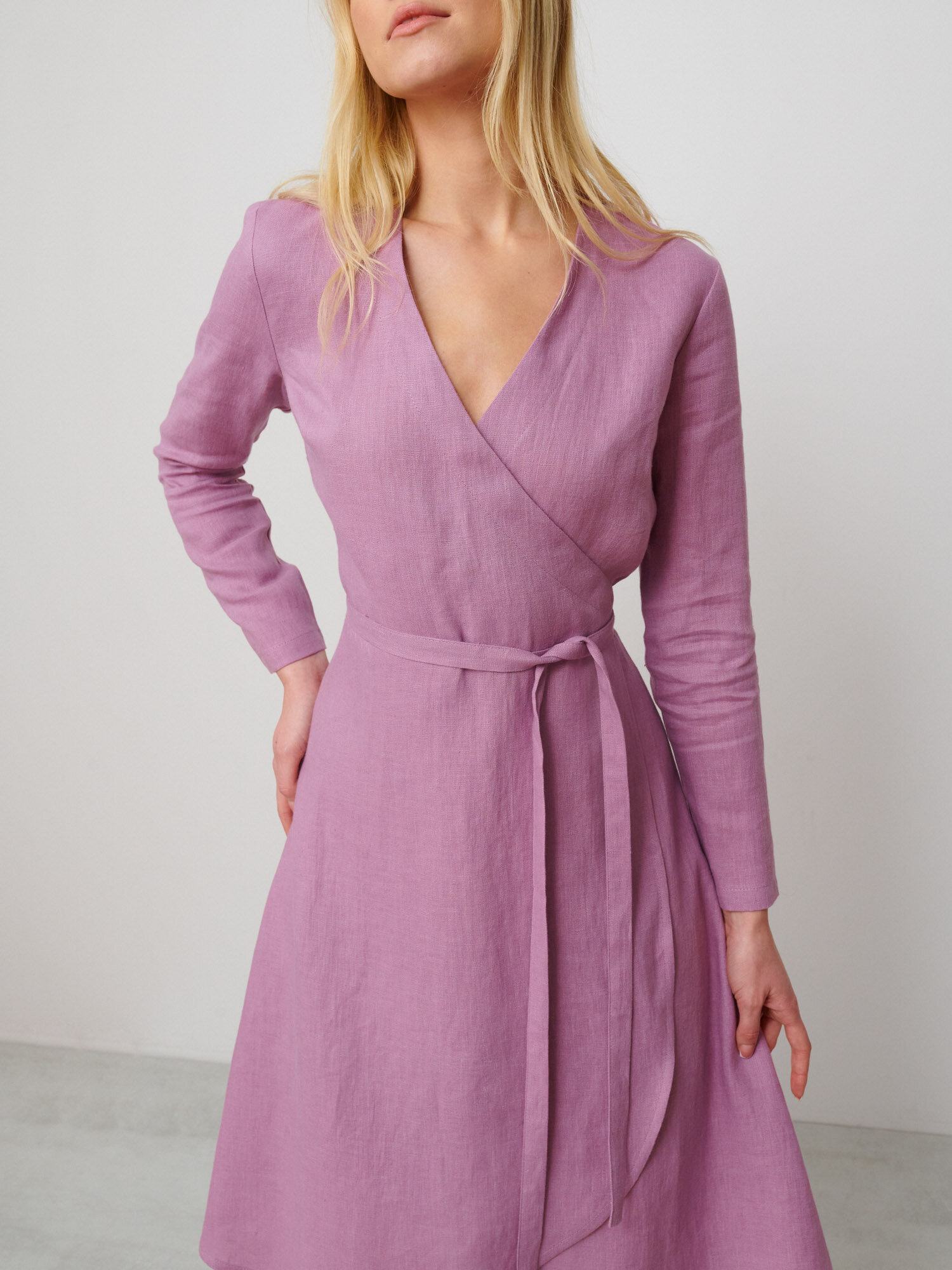 Image 4 of CLAUDIA Long Sleeve Linen Wrap Dress in Radiant Orchid from Love and Confuse