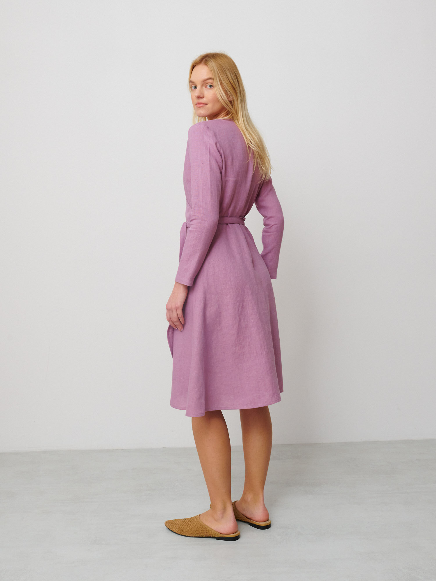Image 5 of CLAUDIA Long Sleeve Linen Wrap Dress in Radiant Orchid from Love and Confuse