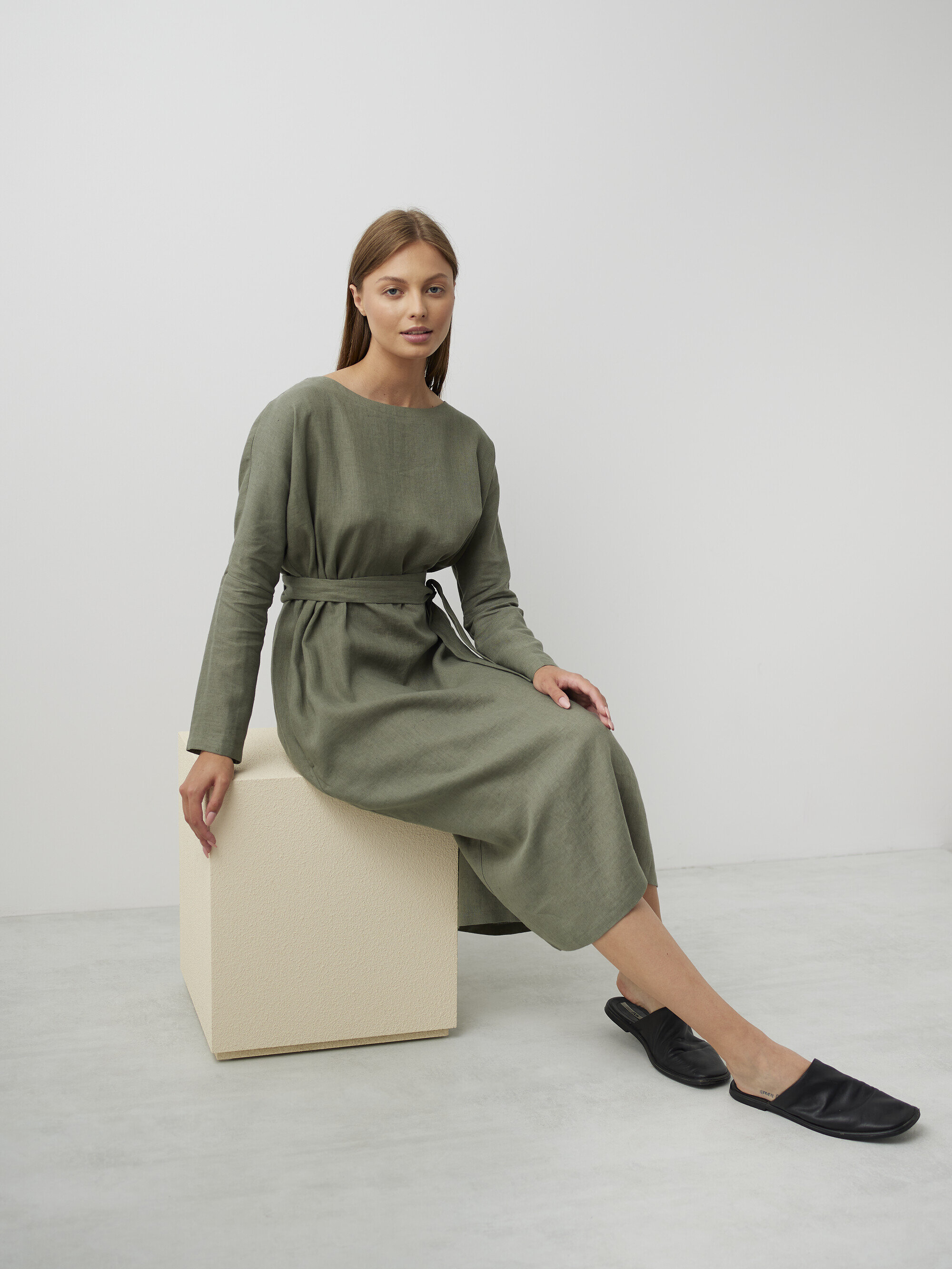 Image 1 of DAWN Long Sleeve Linen Midi Dress in Sage Green from Love and Confuse