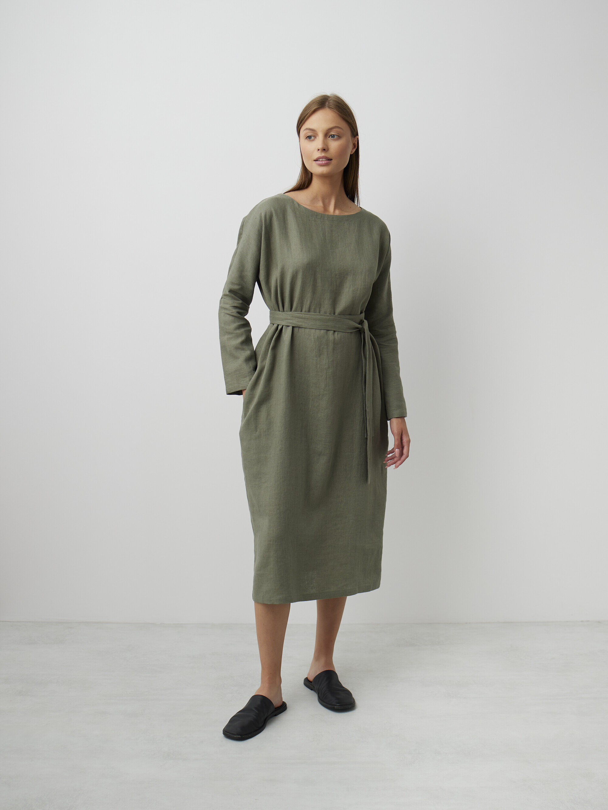 Image 3 of DAWN Long Sleeve Linen Midi Dress in Sage Green from Love and Confuse