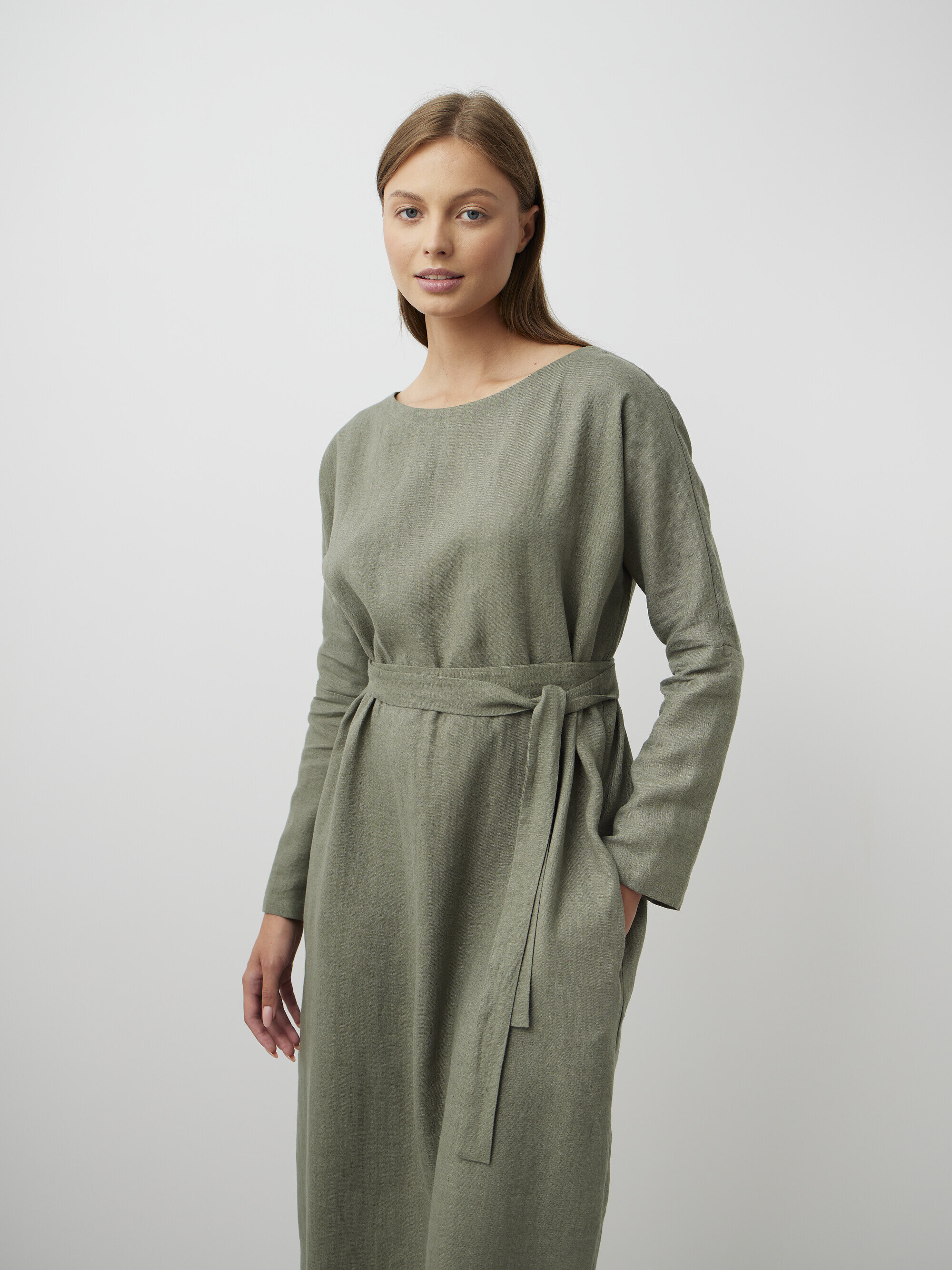 Image 4 of DAWN Long Sleeve Linen Midi Dress in Sage Green from Love and Confuse