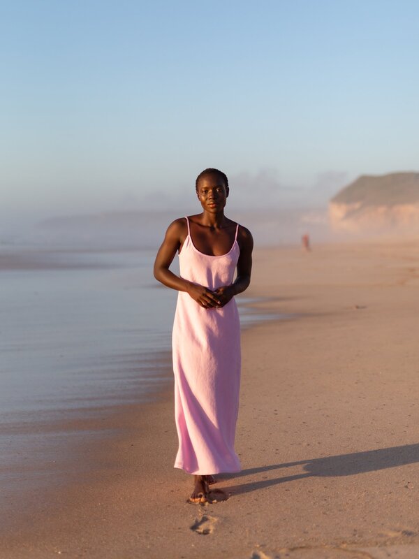DIORA Scoop Neck Bias-Cut Linen Slip Dress