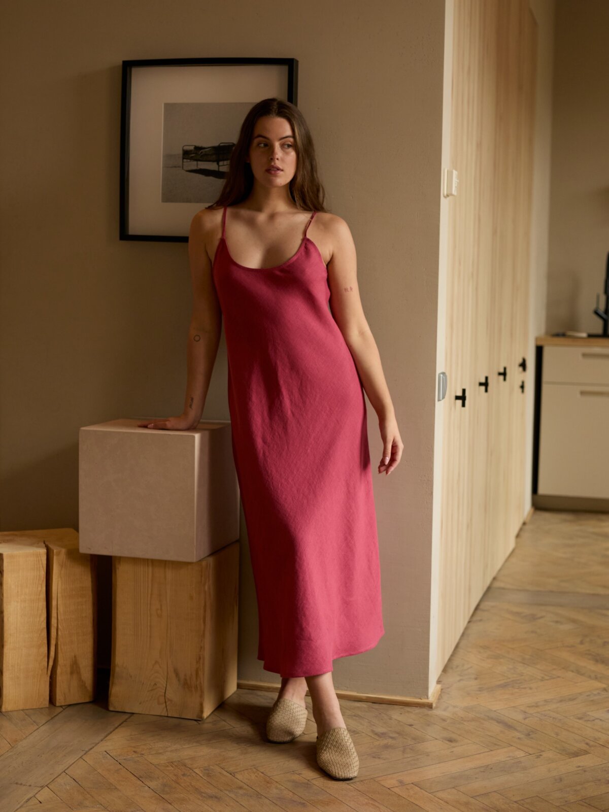 Image 4 of DIORA bias-cut linen slip dress with spaghetti straps and midi length, elegant evening wear from Love and Confuse | Raspberry Color