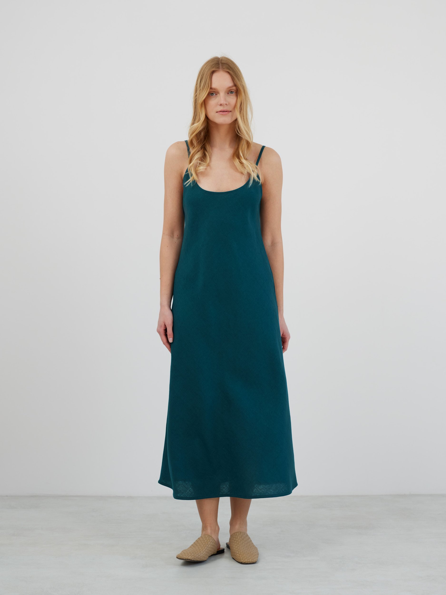 Image 1 of DIORA Linen Slip Dress in Emerald Blue from Love and Confuse