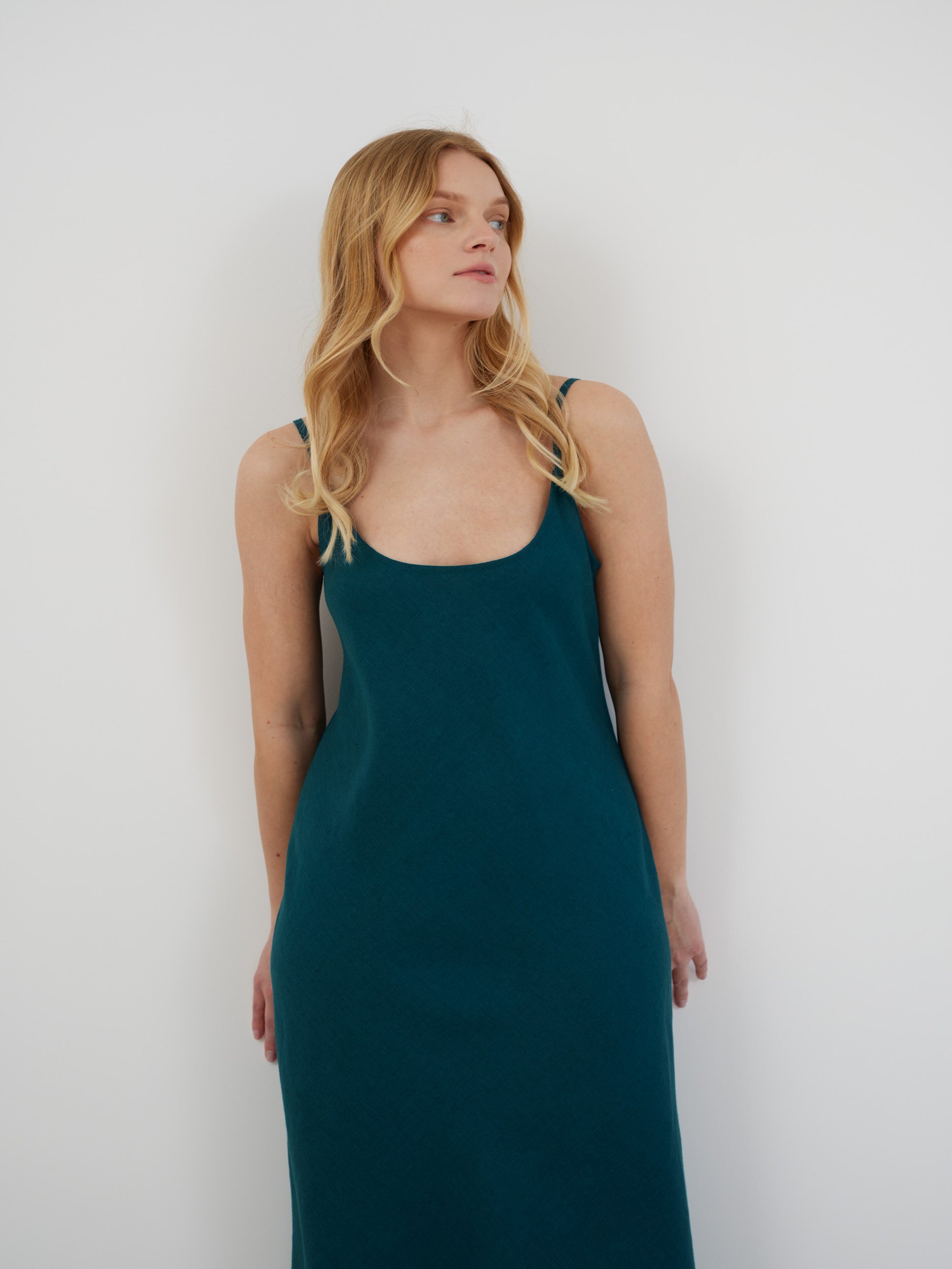 Image 2 of DIORA Linen Slip Dress in Emerald Blue from Love and Confuse