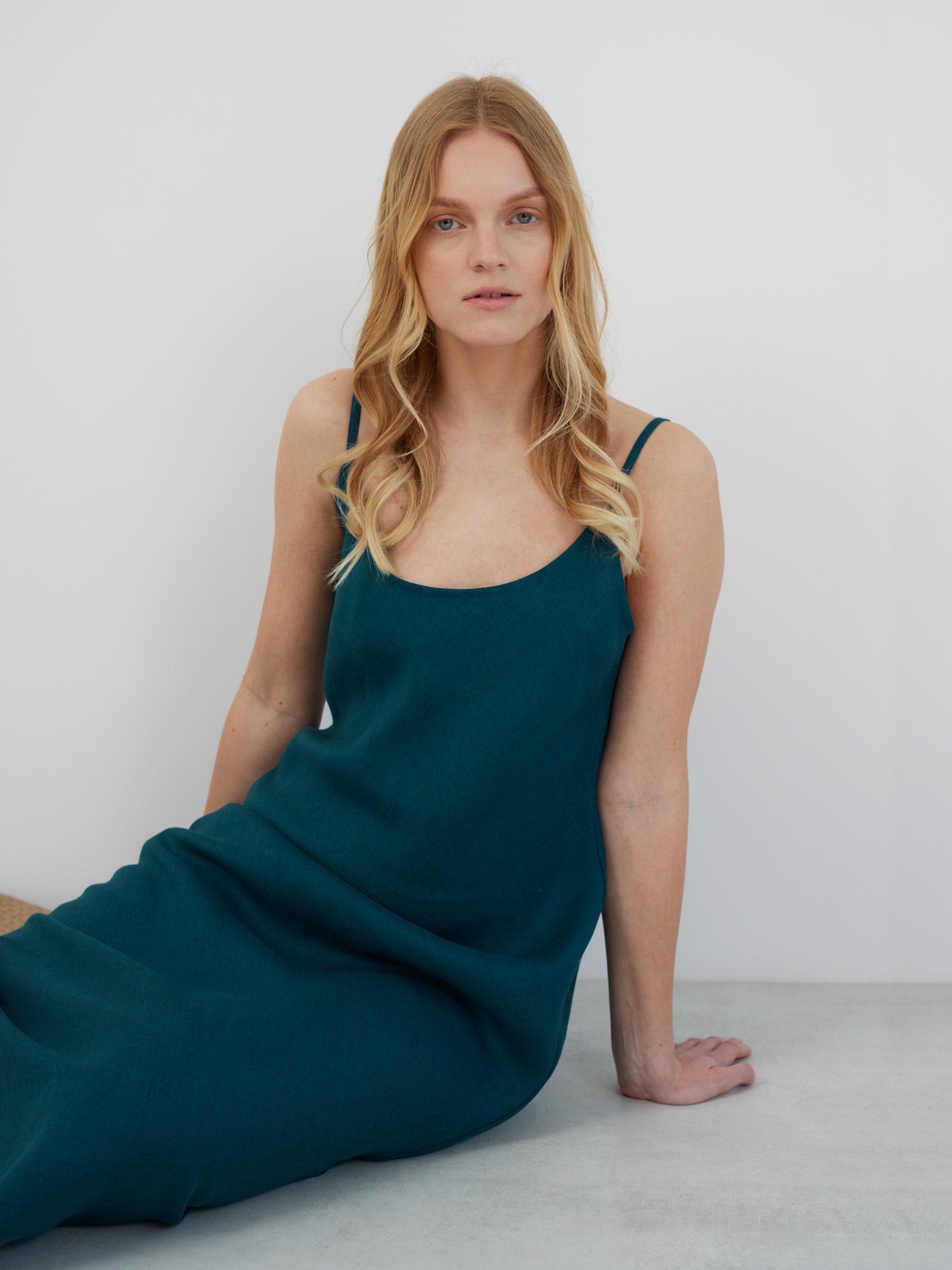Image 5 of DIORA Linen Slip Dress in Emerald Blue from Love and Confuse