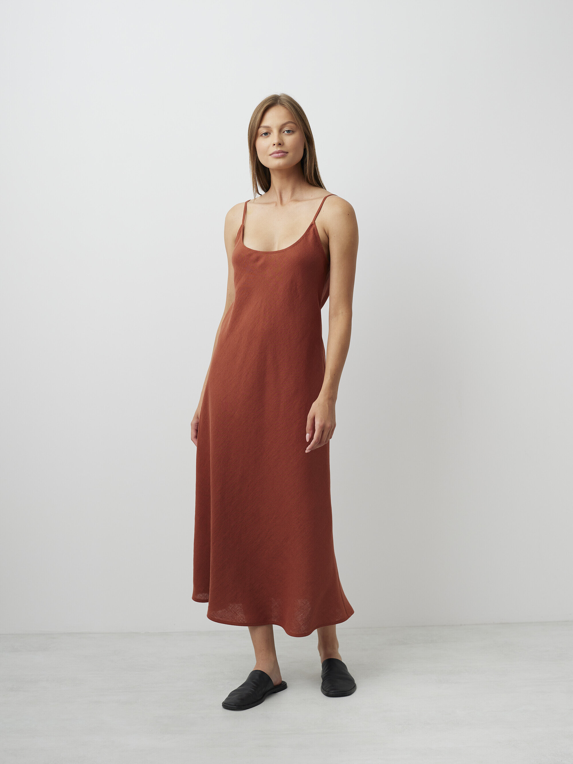 Image 2 of DIORA Midi Length Linen Slip Dress in Rust Green from Love and Confuse