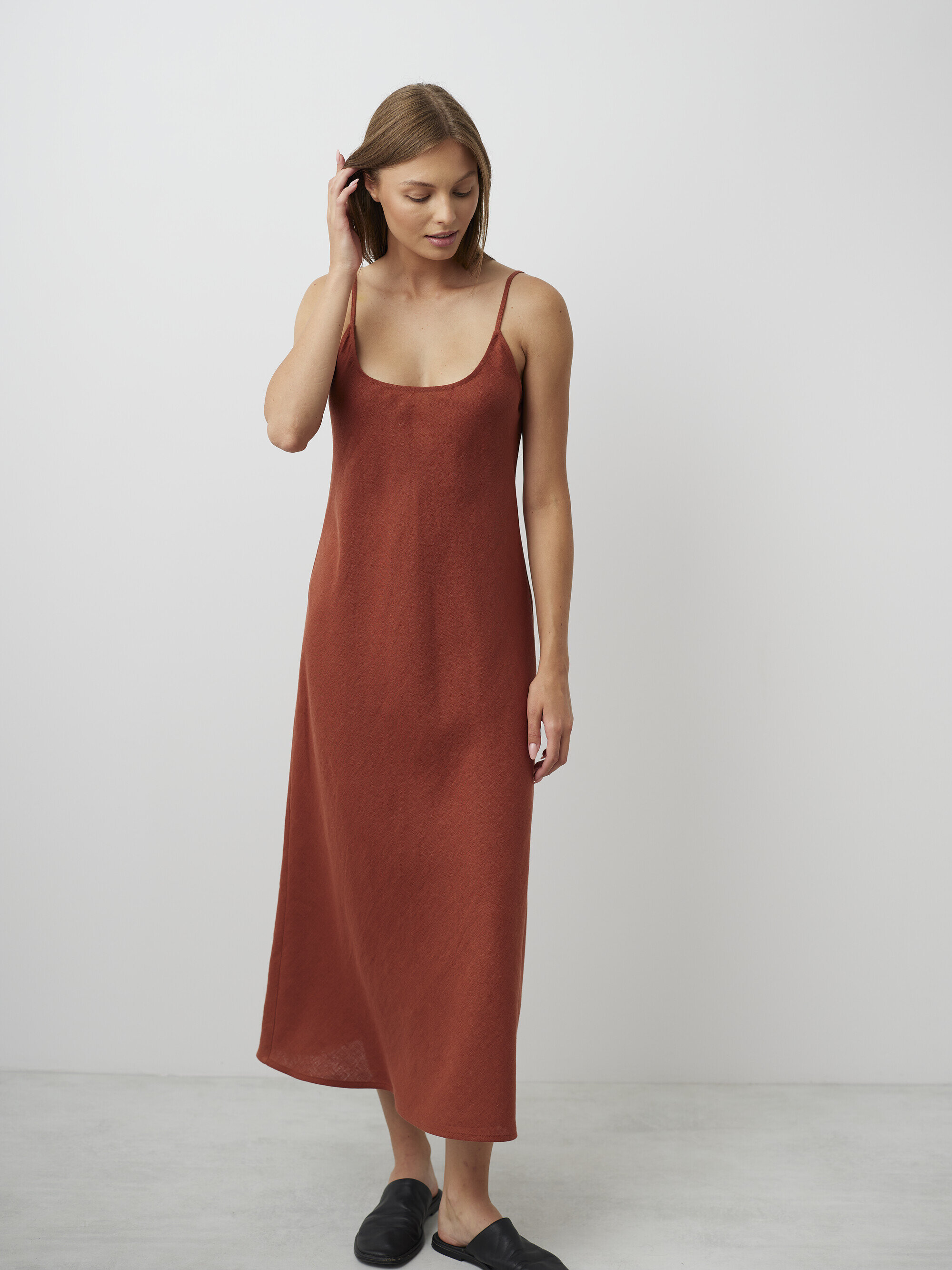 Image 4 of DIORA Midi Length Linen Slip Dress in Rust Green from Love and Confuse
